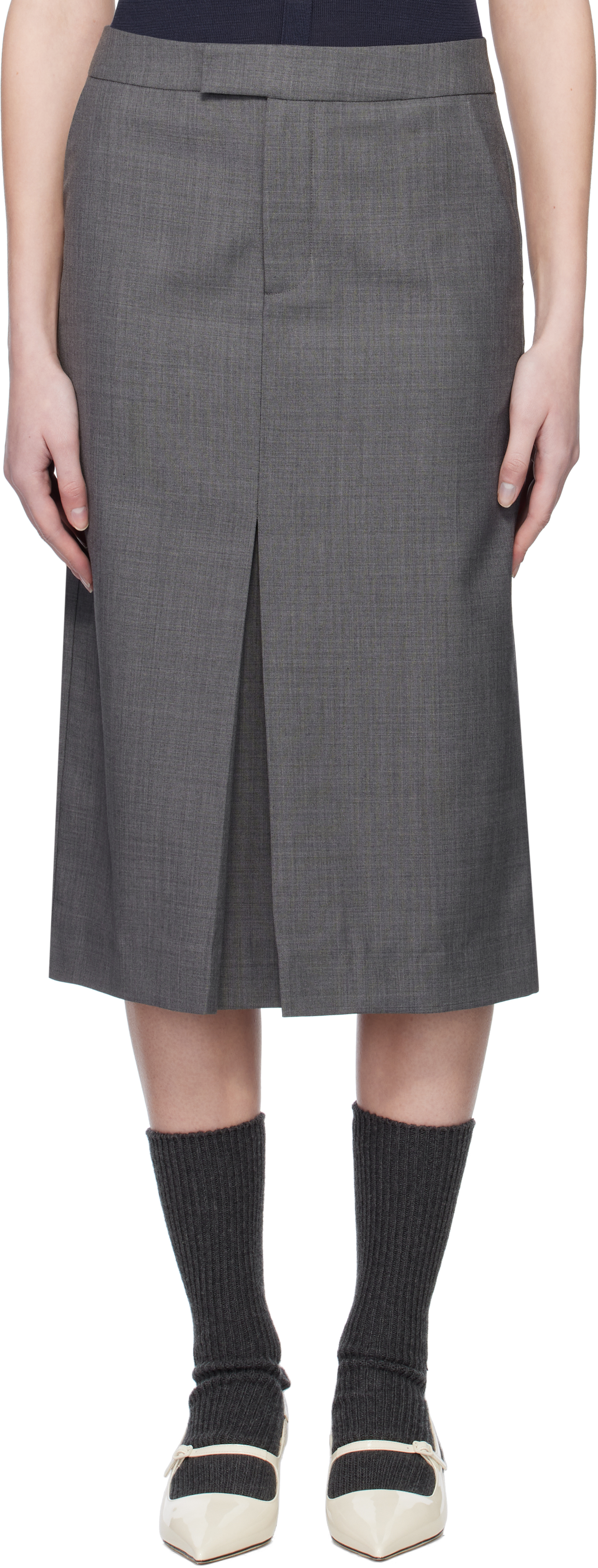 Gray Front-Slit Straight Midi Skirt