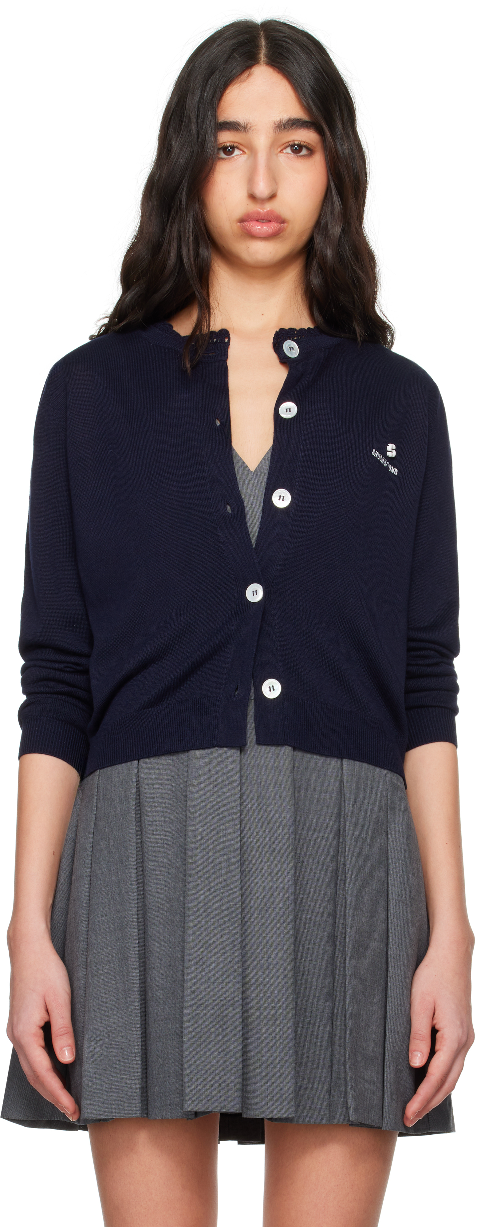 Shushu-tong Navy Logo-stitch Knit Cardigan In Na100 Navy Blue