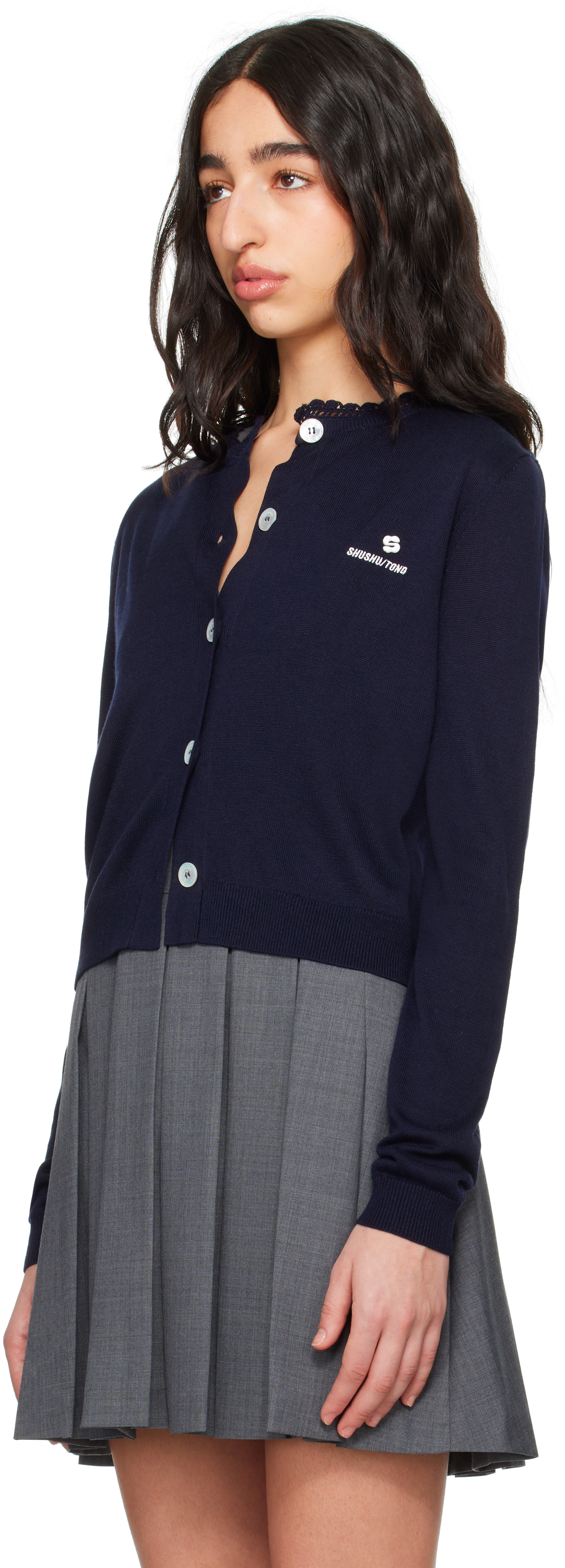 Shushu-tong Navy Logo-stitch Knit Cardigan In Na100 Navy Blue