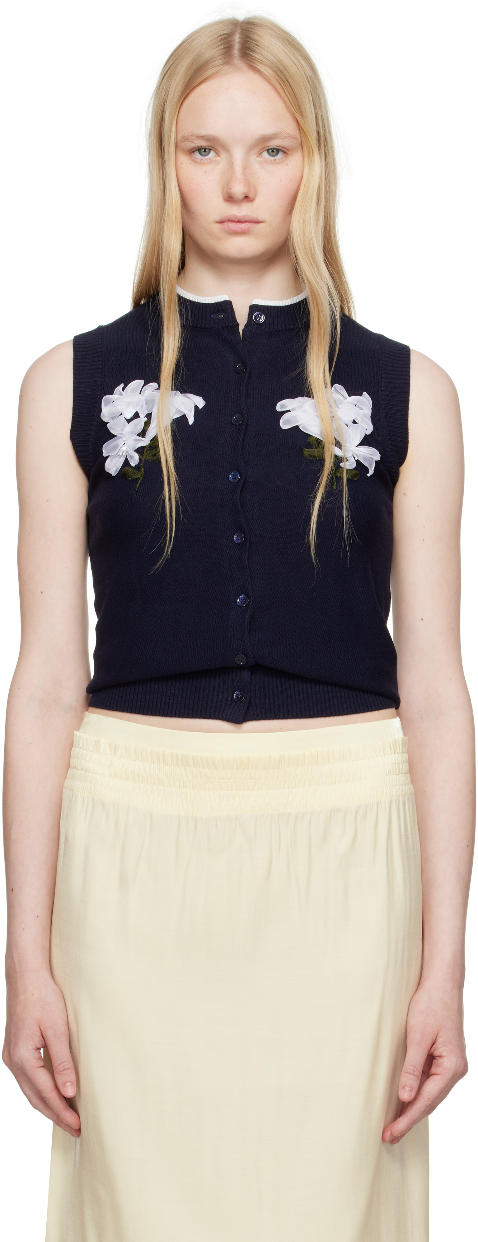 Shop Shushu-tong Navy Ribbon-stitch Sleeveless Knit Cardigan In Na100 Navy Blue