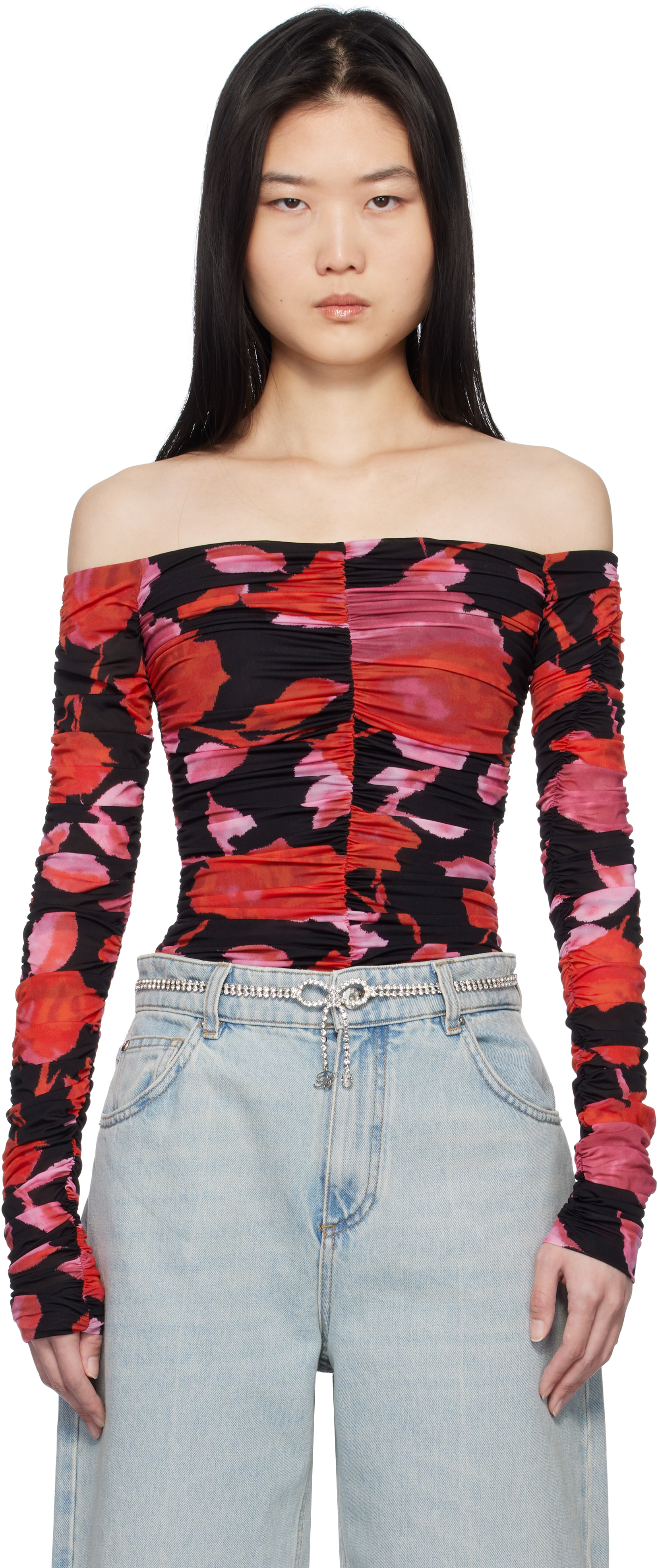 Black 
Red Printed Jersey Draped Top