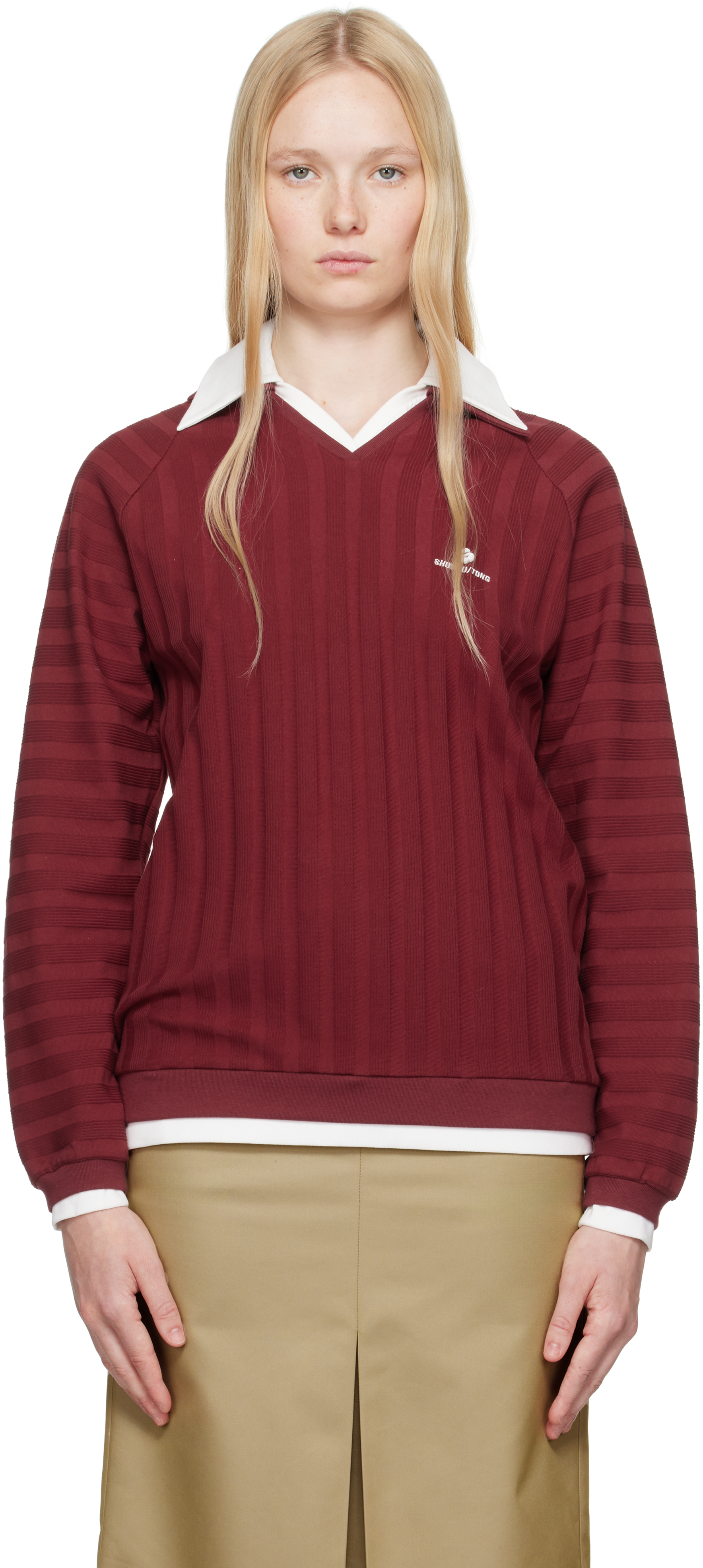 Shushu-tong Burgundy Striped Knitted Long-sleeved Polo In Wr100 Wine Red