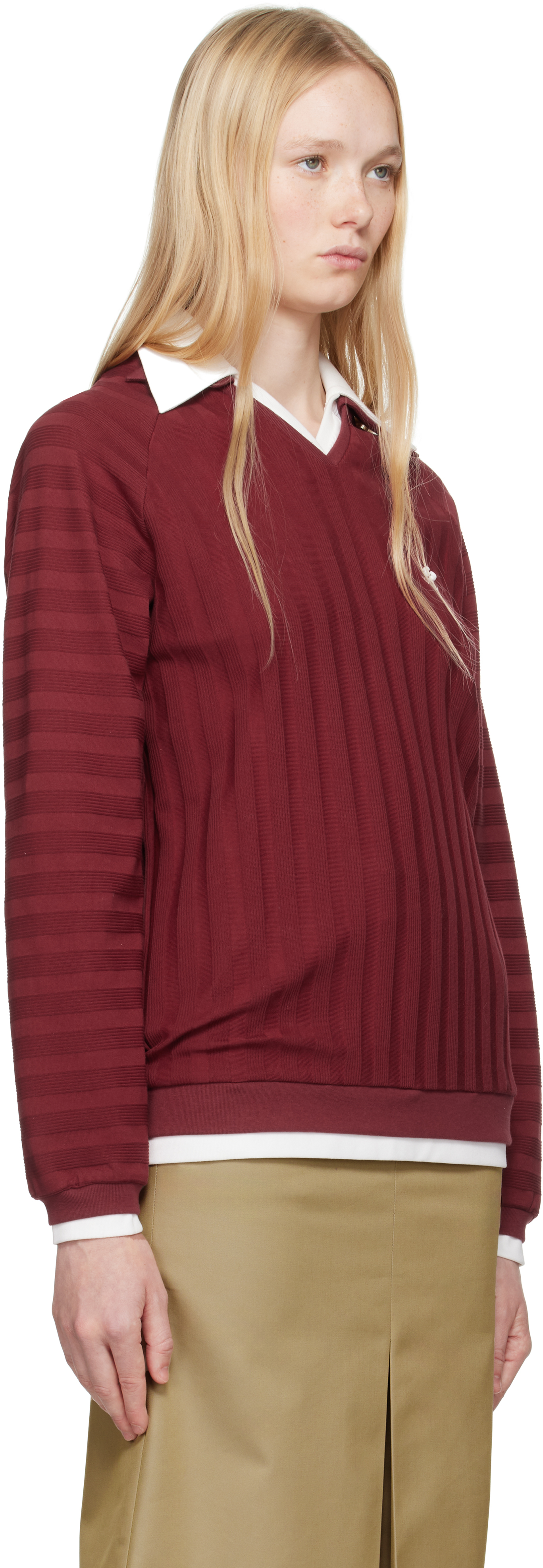 Shushu-tong Burgundy Striped Knitted Long-sleeved Polo In Wr100 Wine Red