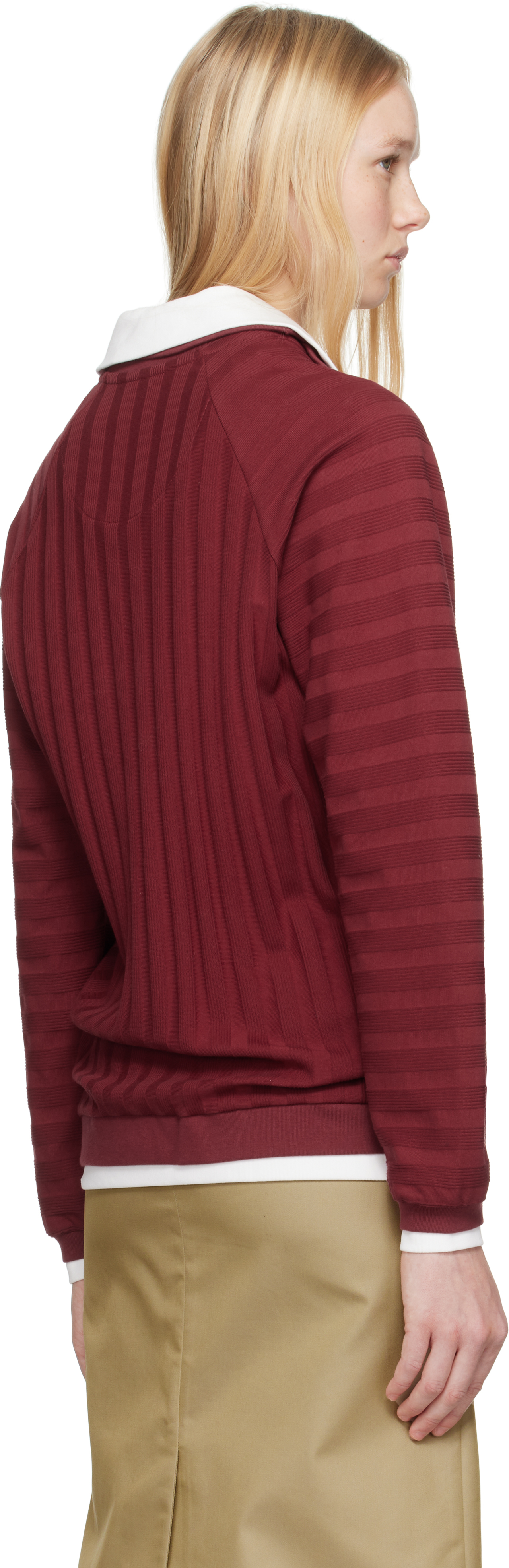Shushu-tong Burgundy Striped Knitted Long-sleeved Polo In Wr100 Wine Red