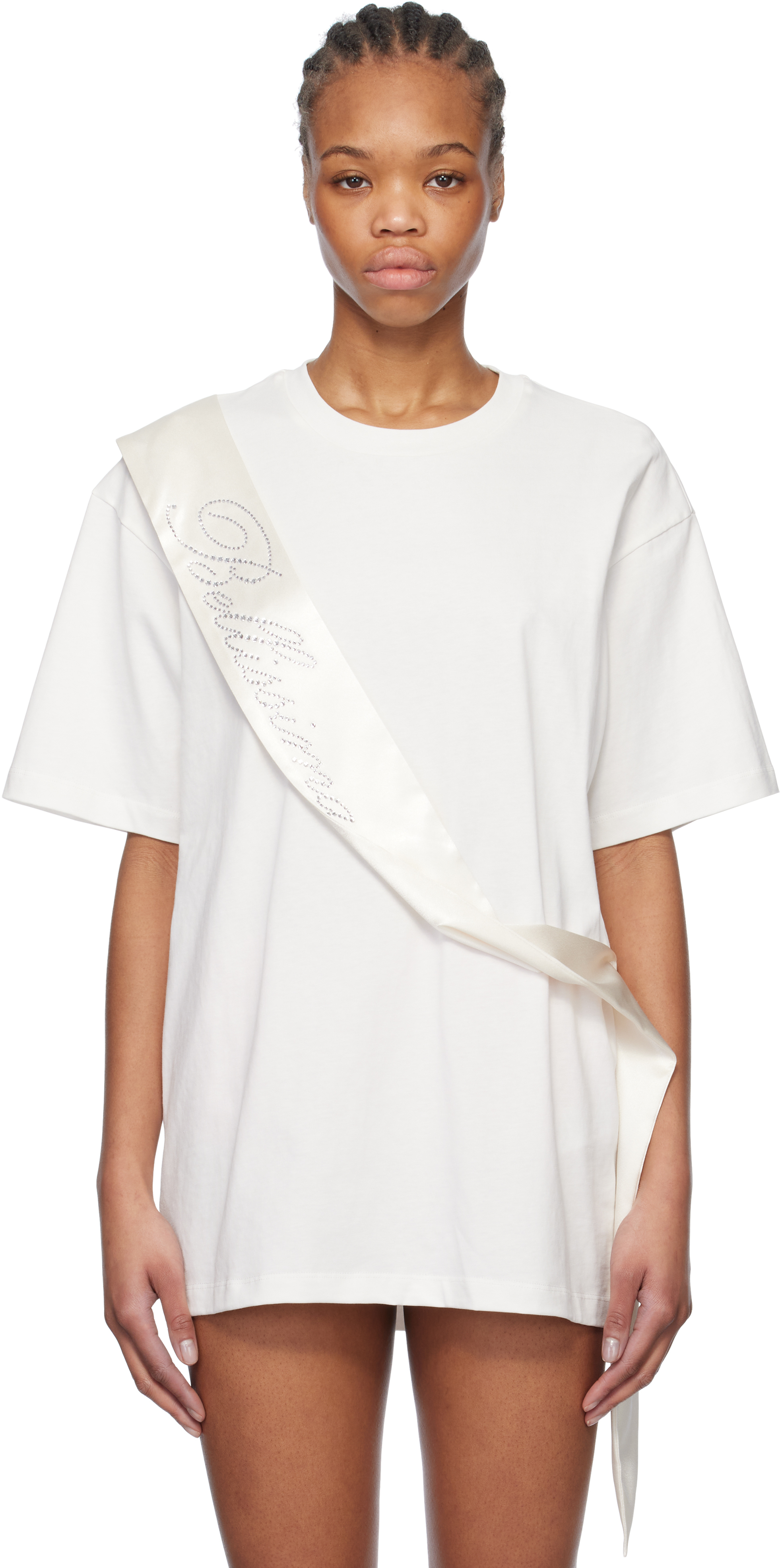 White Satin Band Rhinestone Embroidery T-shirt