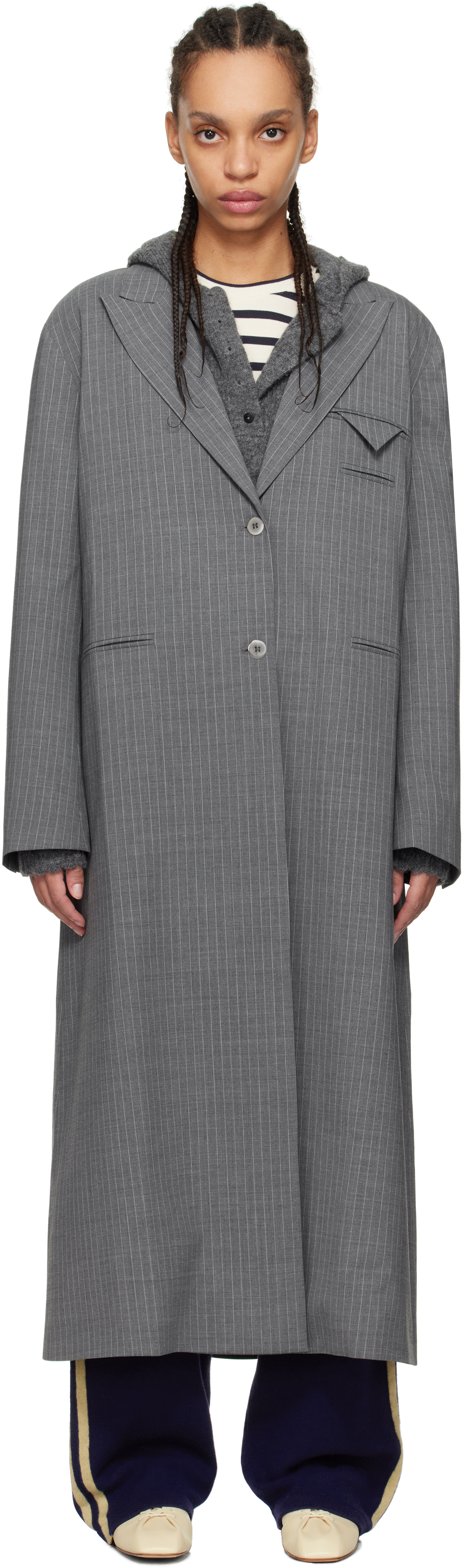 Gray Long Wool Pinstripe Coat