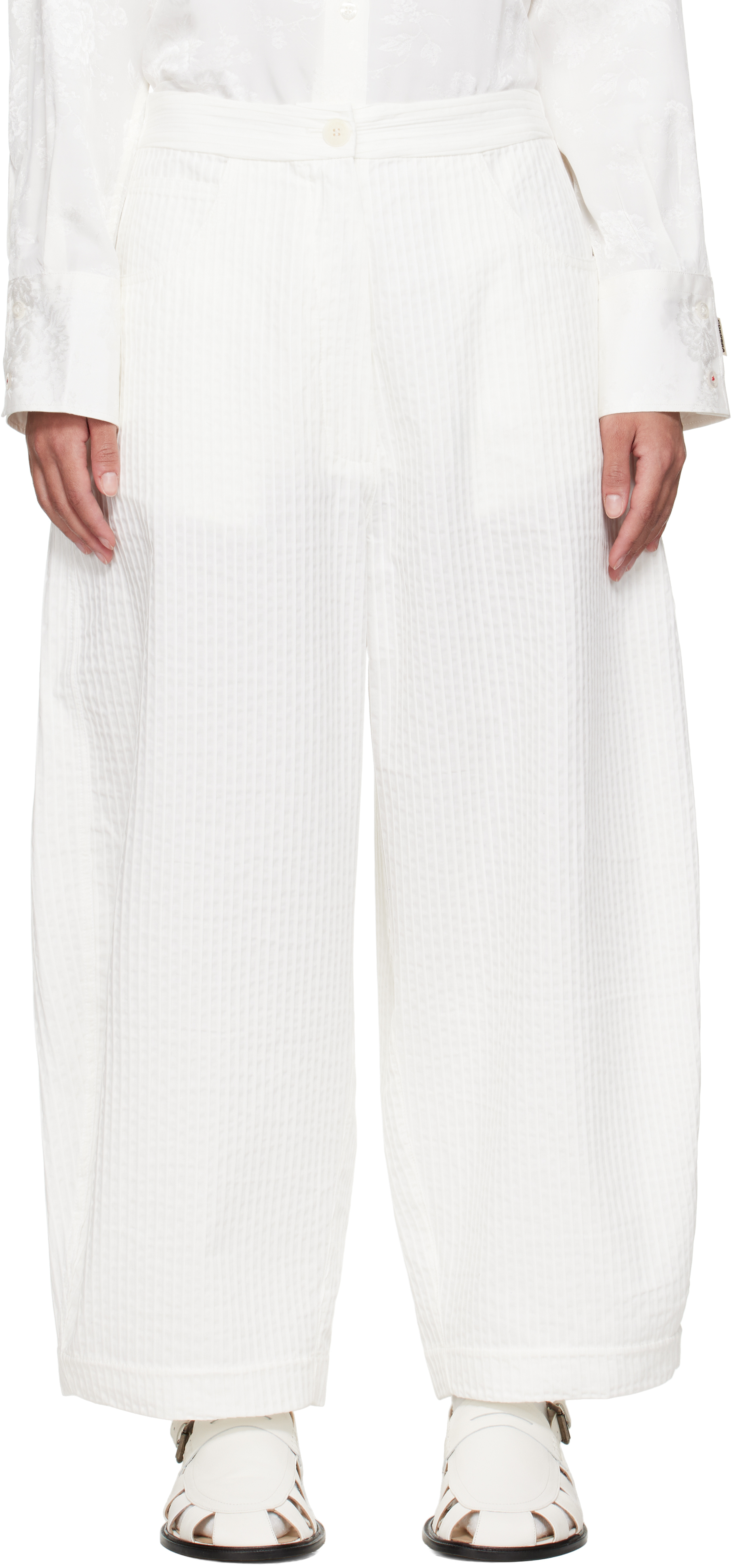 White Tubular Curved Trousers