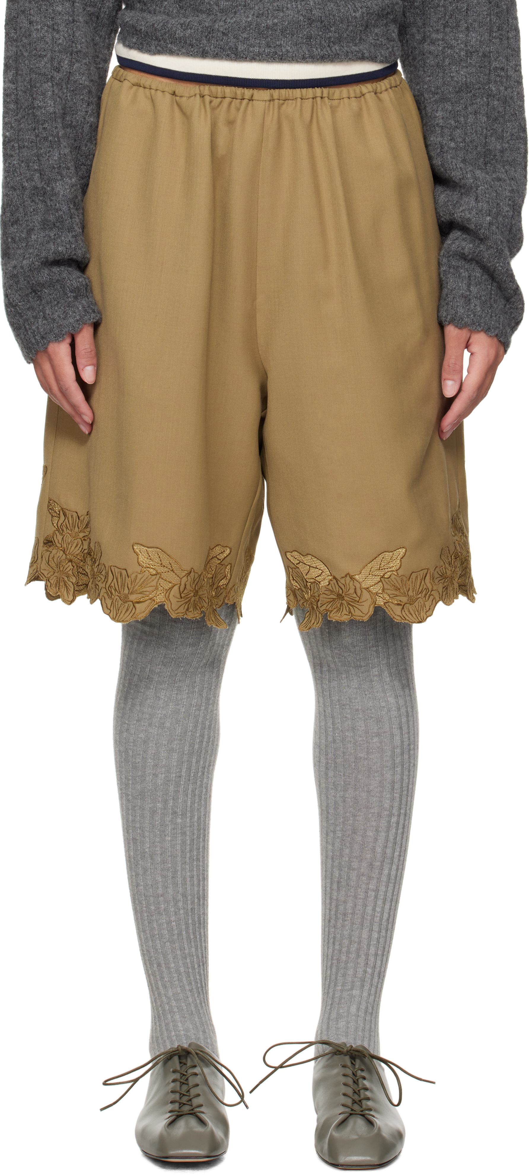 Taupe Embroidered Bermuda Shorts