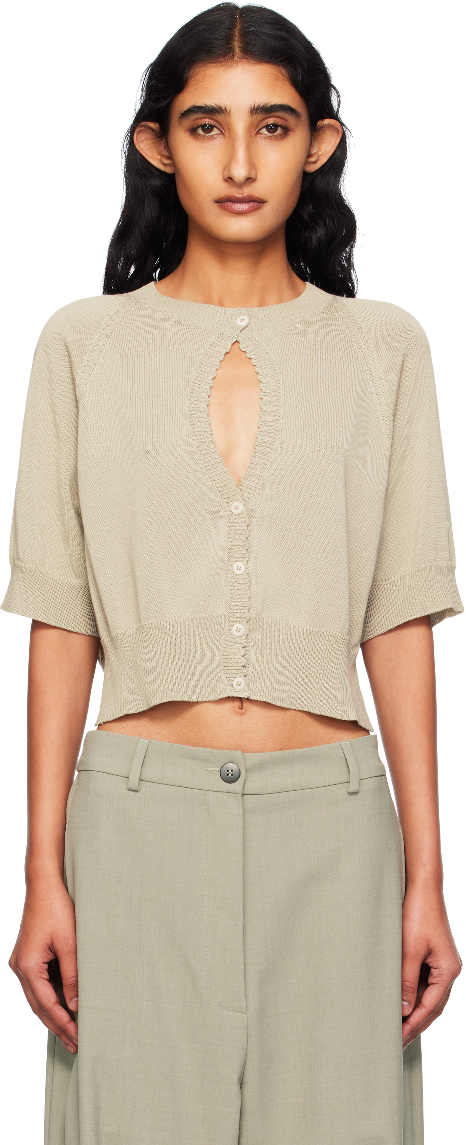 Taupe Organic Cotton Cutout Cardigan