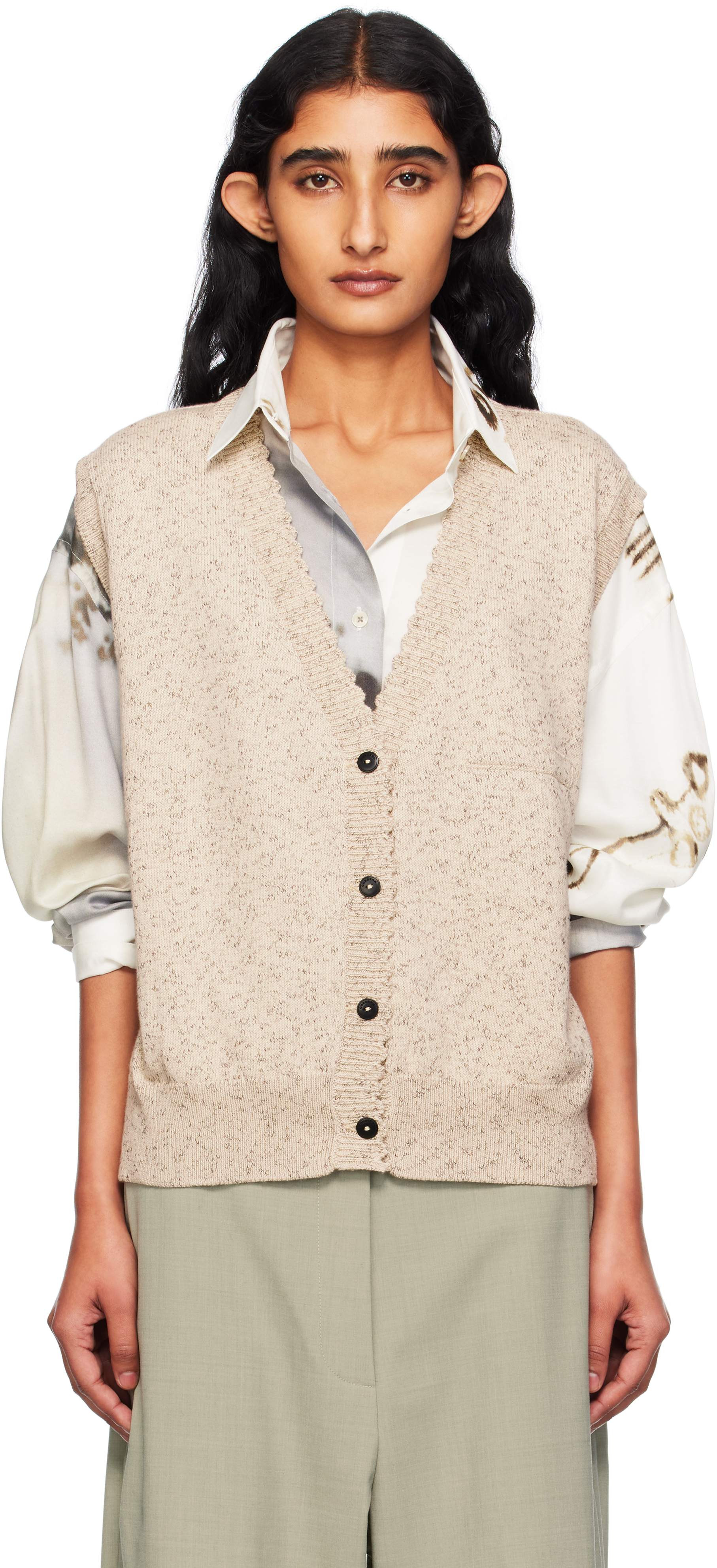 Beige Flecked Cotton Waistcoat Cardigan