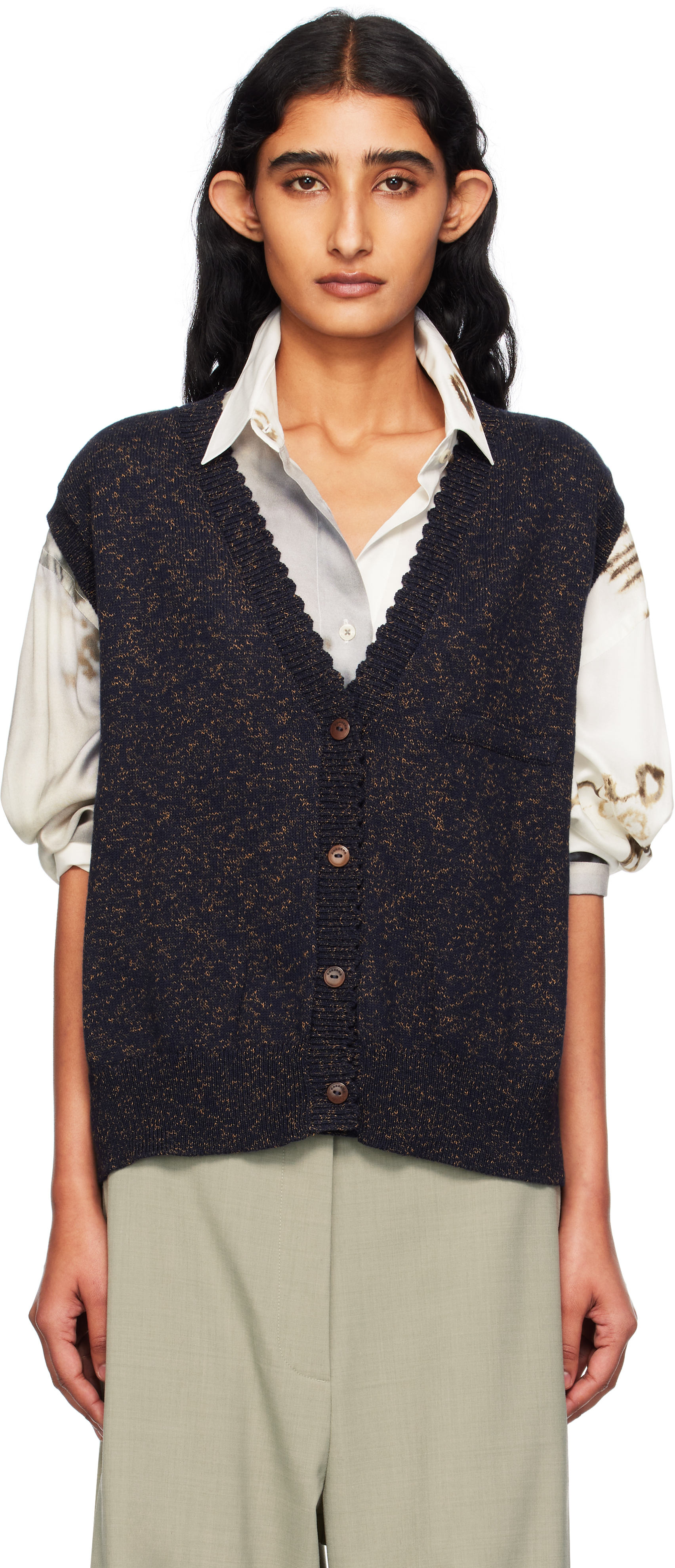 Navy Flecked Cotton Waistcoat Cardigan