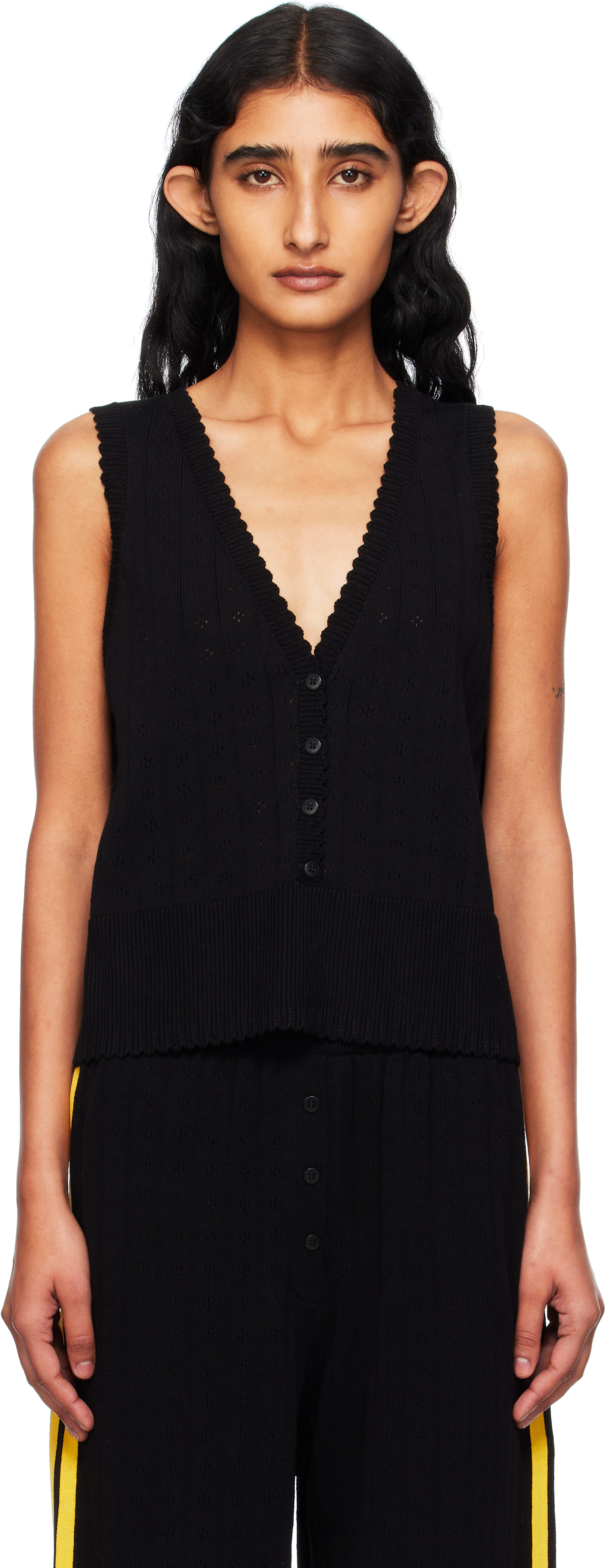 Black Organic Cotton Pointelle Waistcoat Cardigan