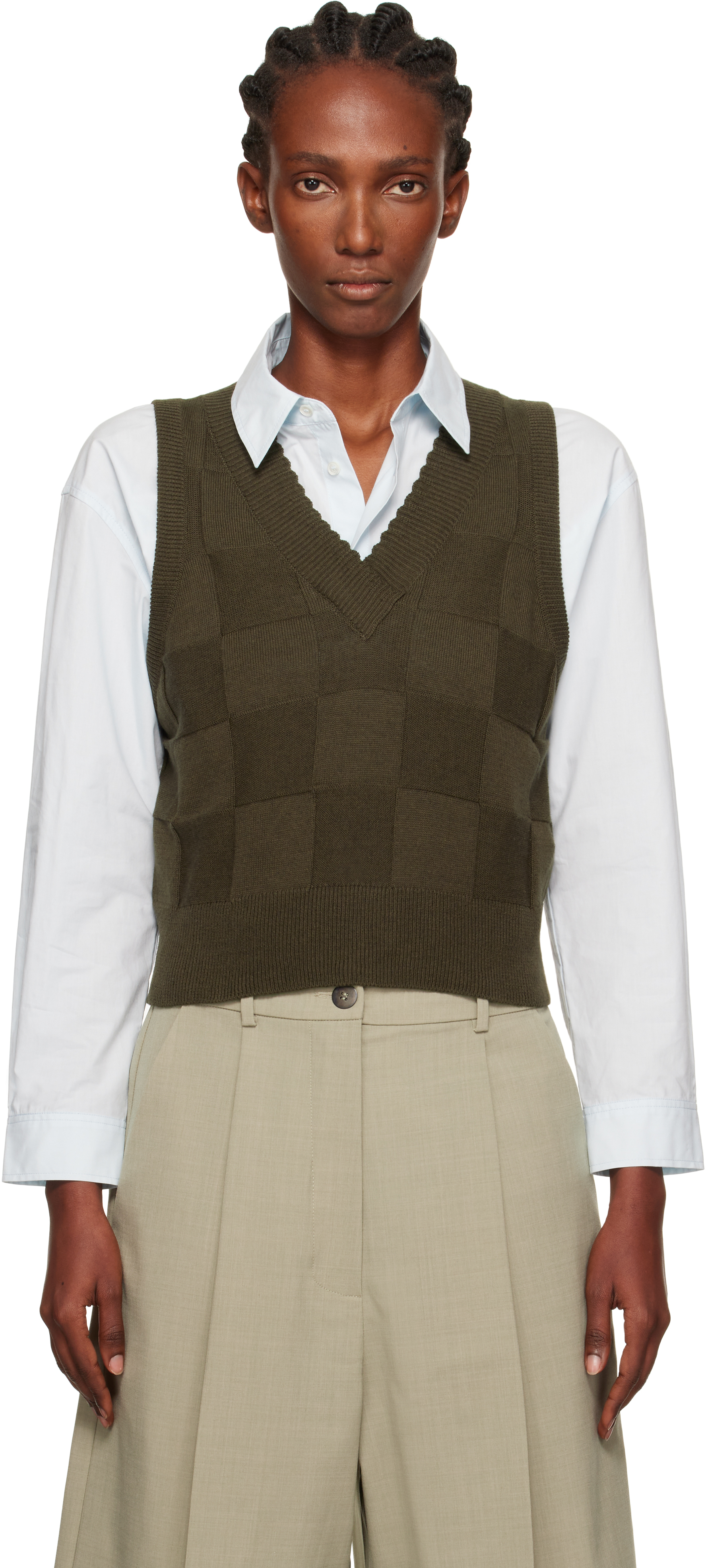 Cordera Khaki Checkered Cotton & Cashmere Vest In Green