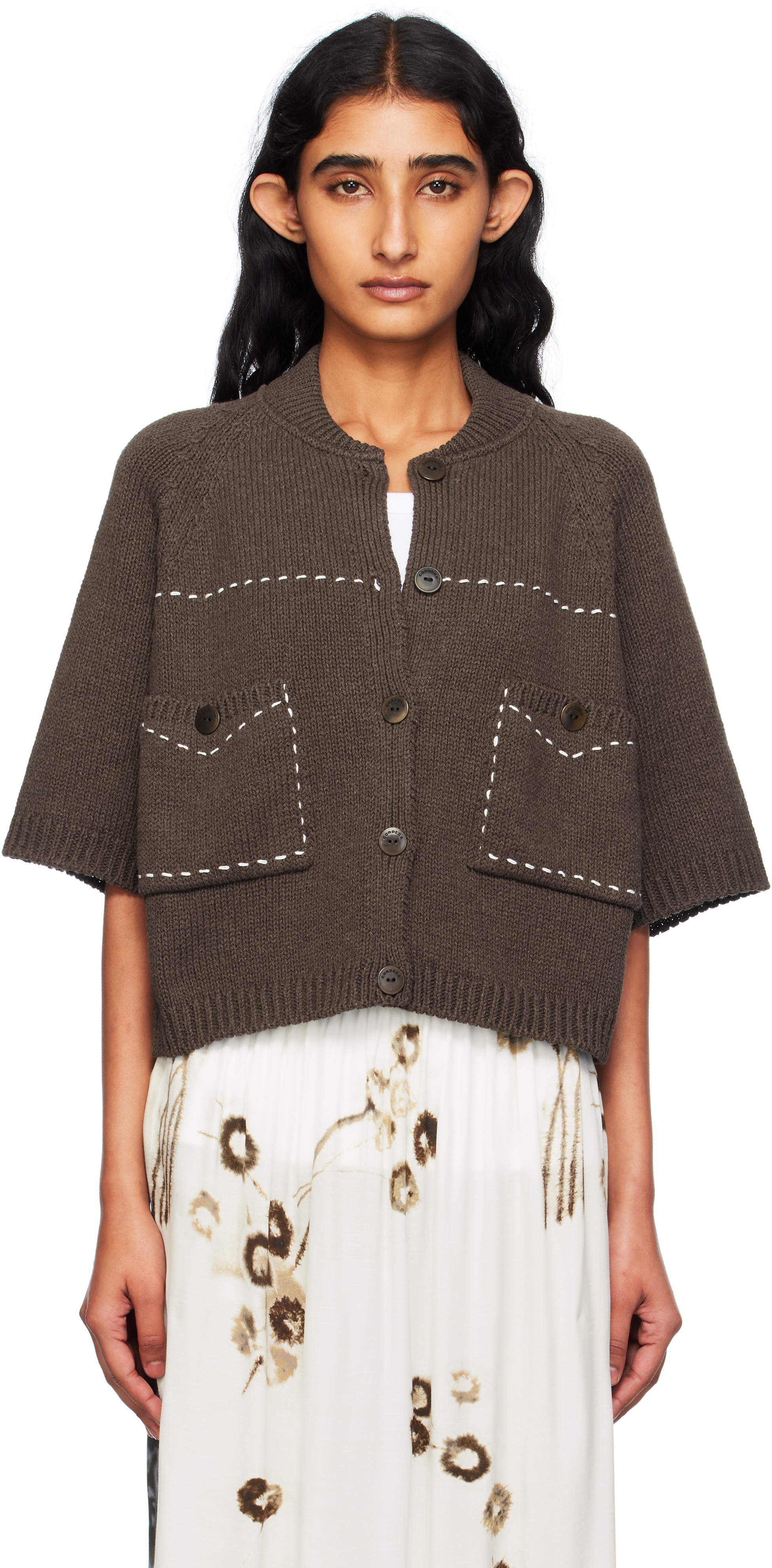 Brown Cotton Stitched Cardigan