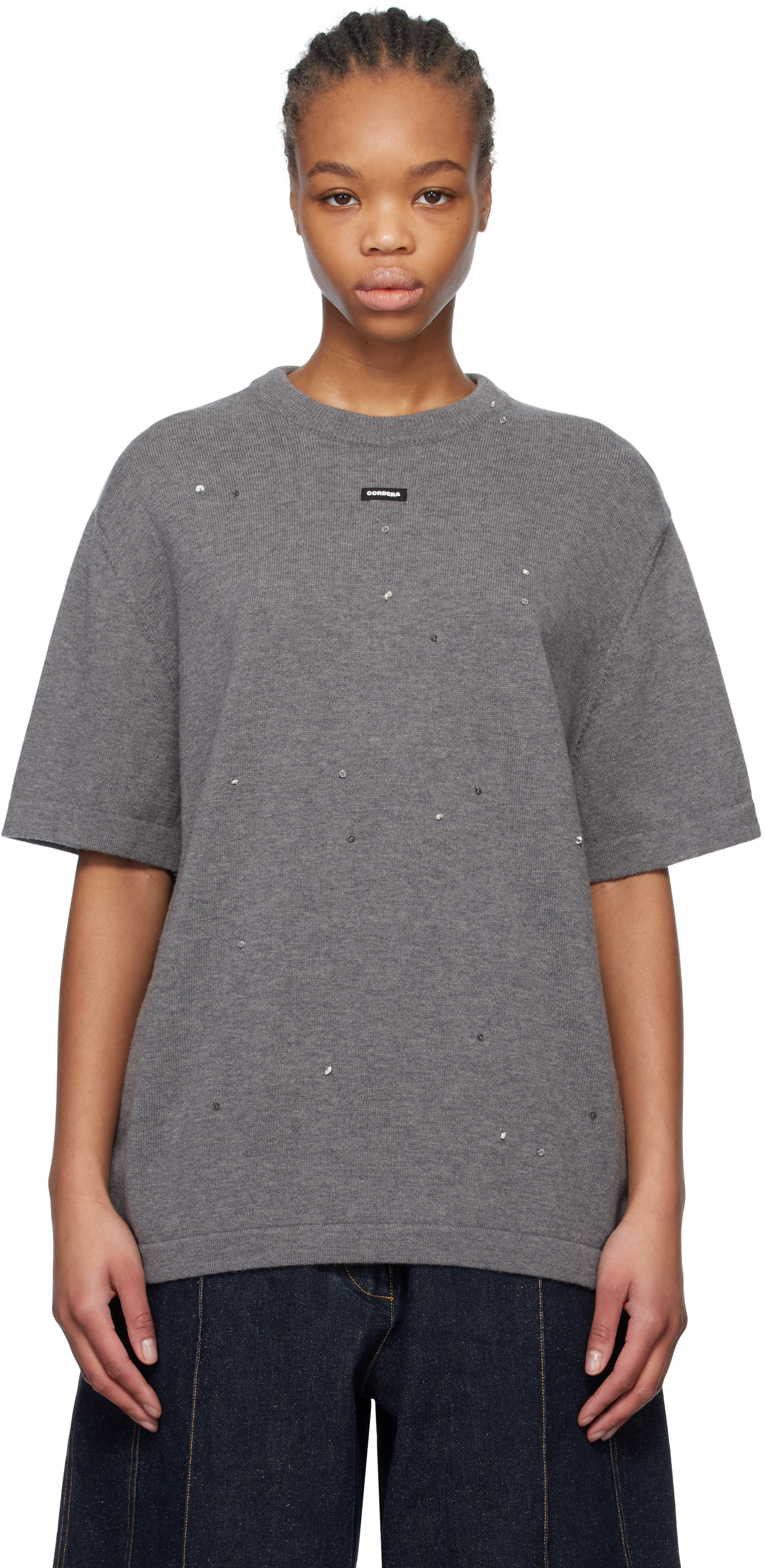 Gray Merino Wool Beaded T-shirt