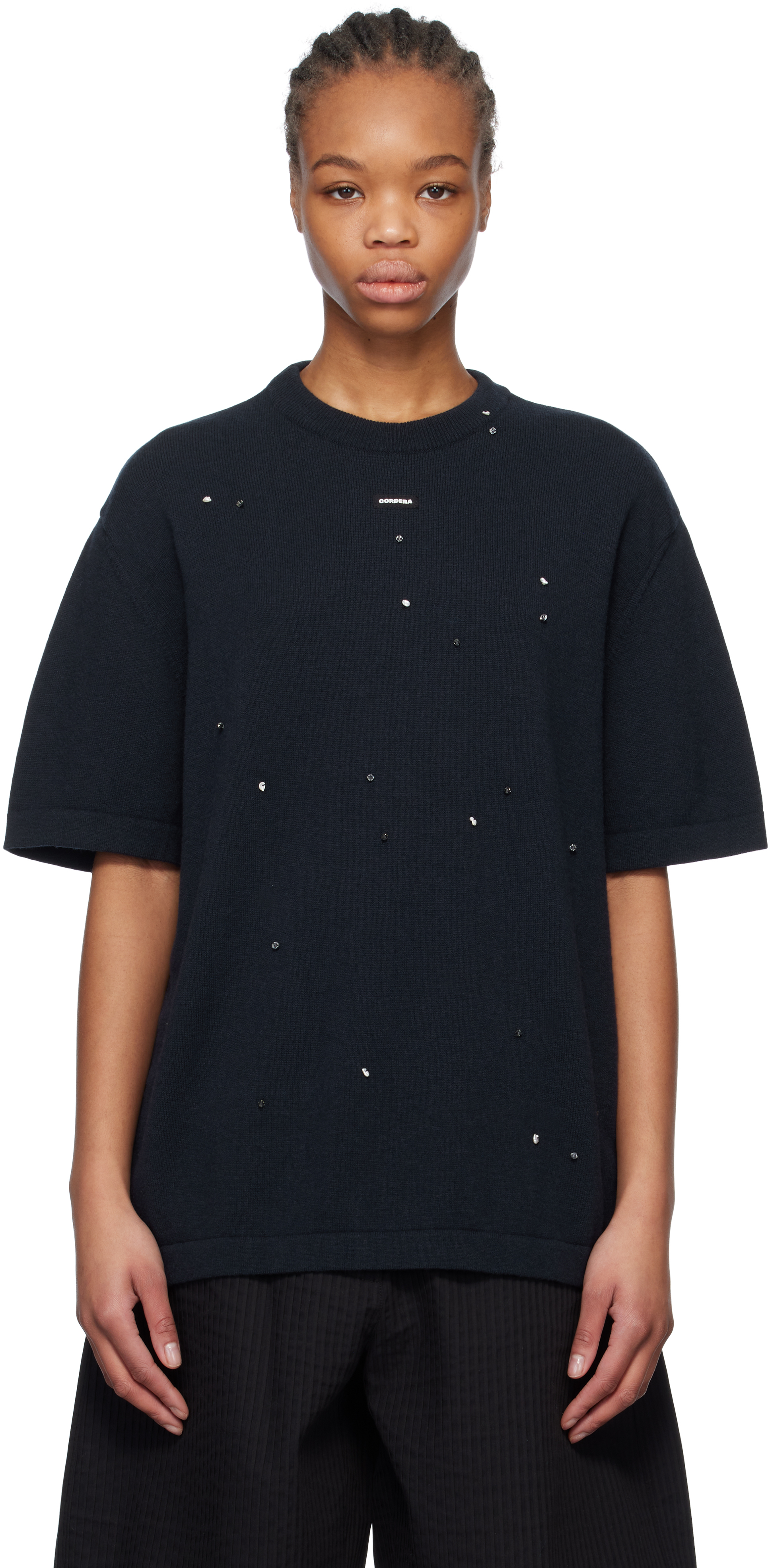 Navy Merino Wool Beaded T-shirt