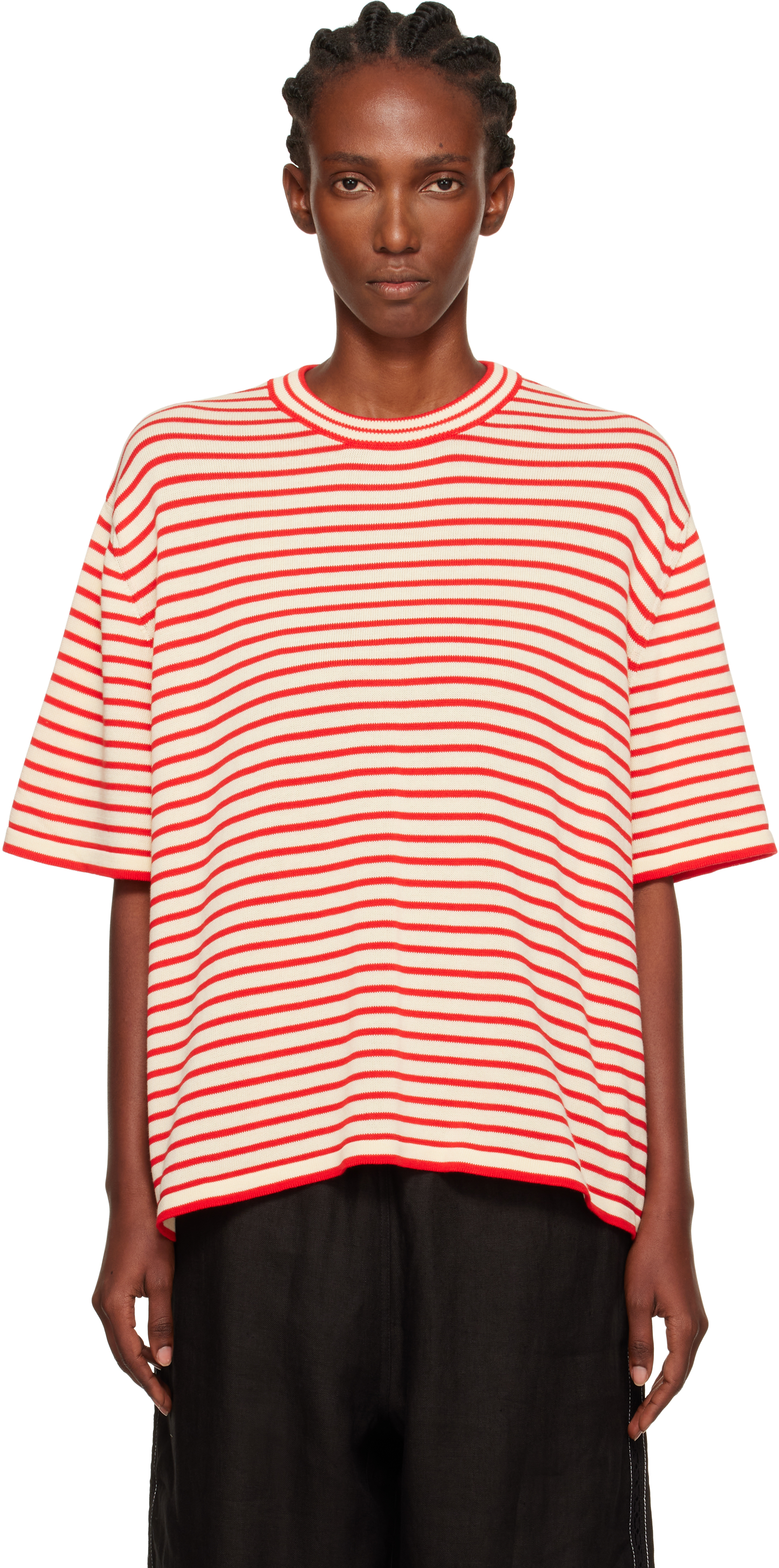 Off-White & Red Organic Cotton Oversized Striped T-shirt