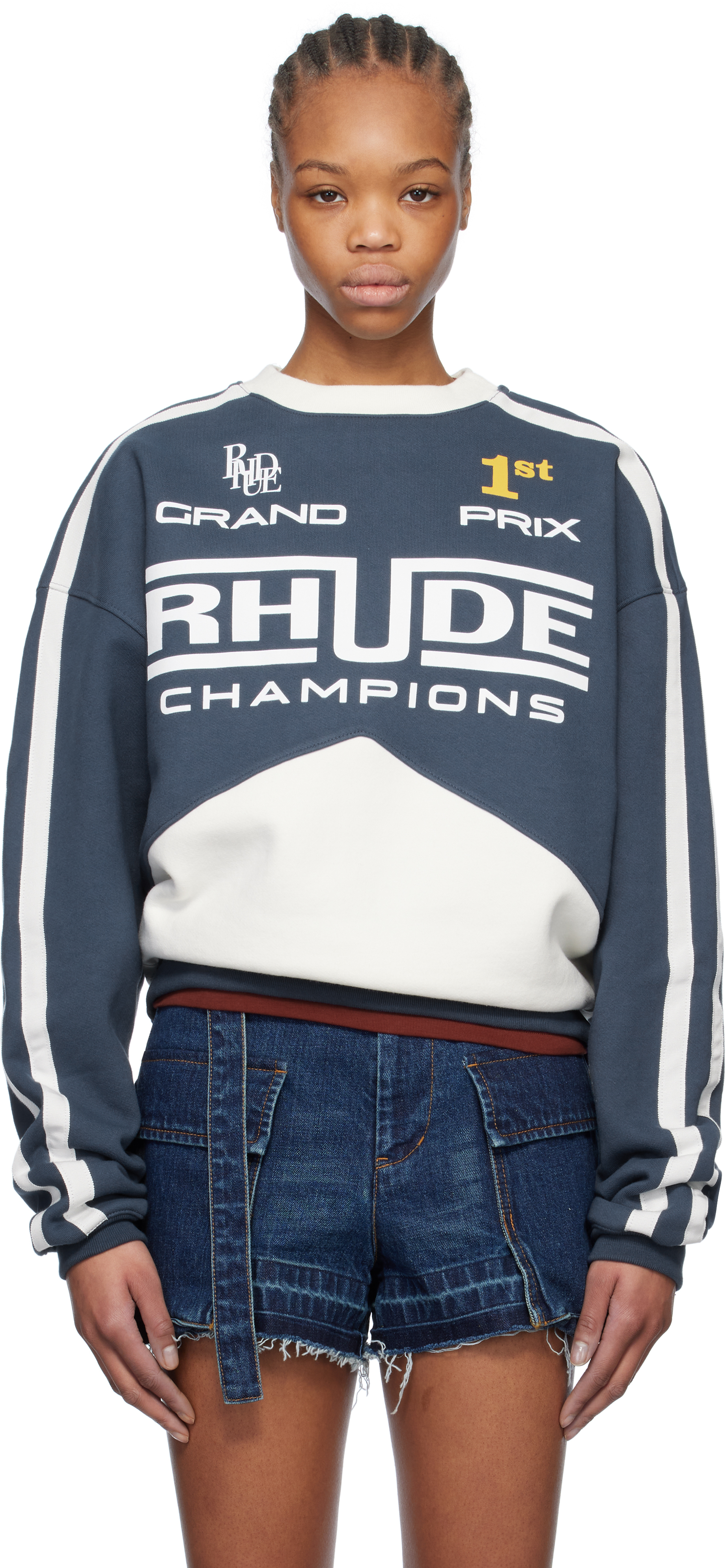 Rhude Blue & White ' Champions' Crewneck Sweatshirt In 2334 Navy/vtg White