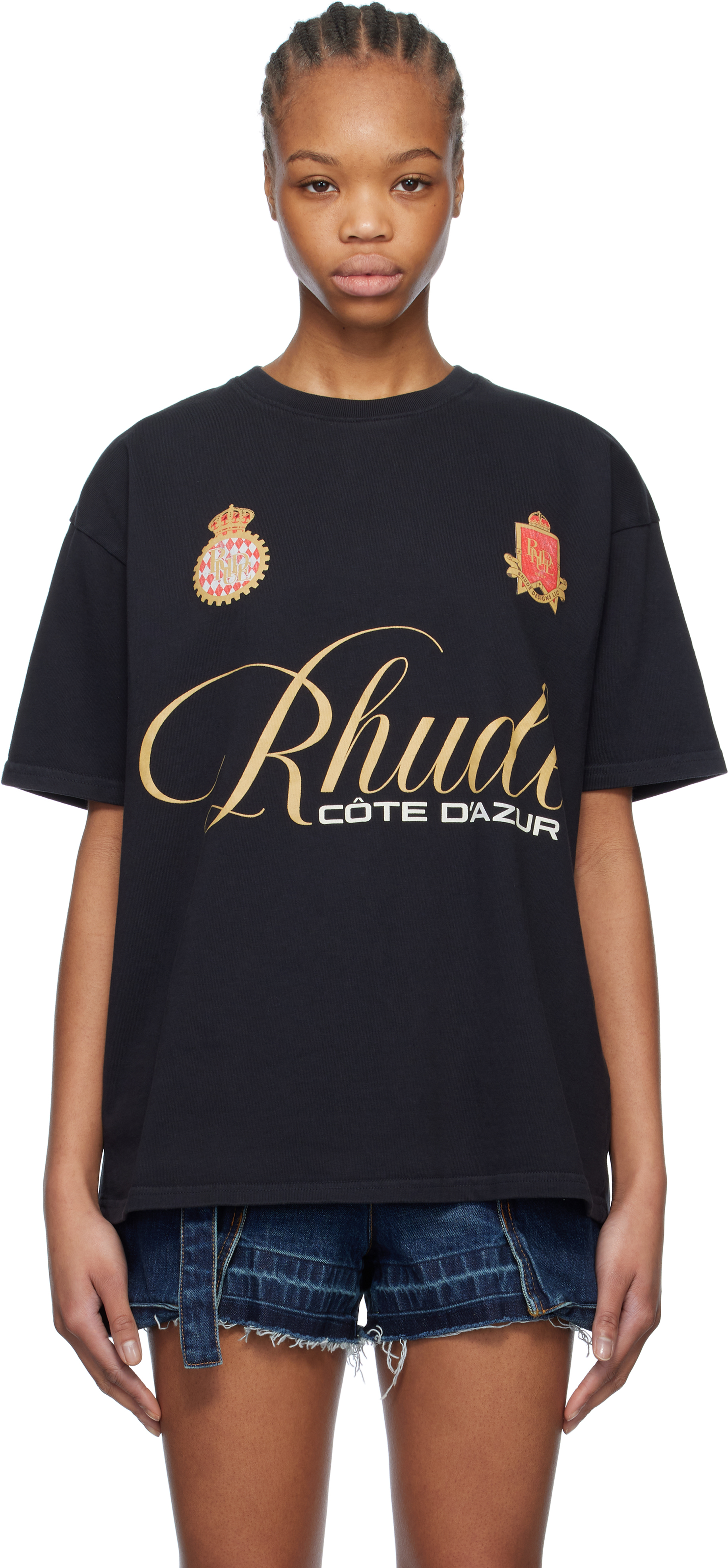 【関税込み】Rhude ブラック Rhude Script Tシャツ Black 'Rhude' Script Crest T-shirt by Rhude on Sale