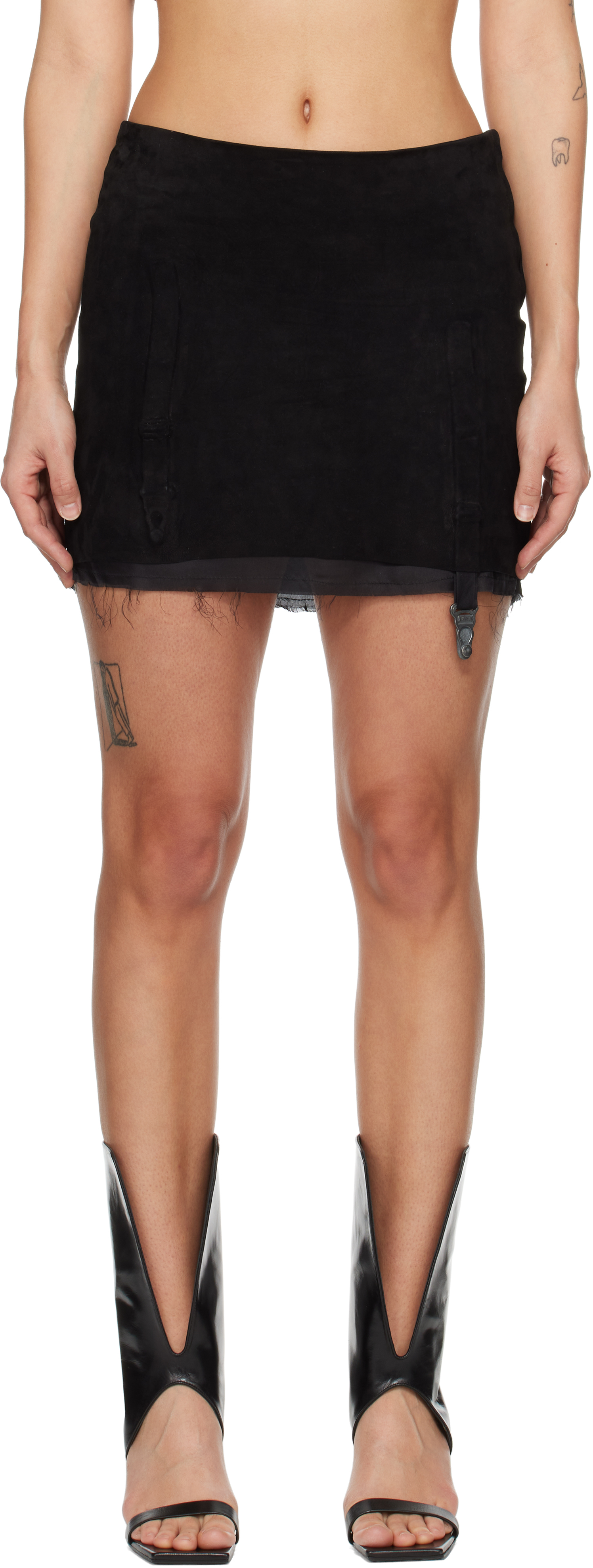 Black Suspender Suede Miniskirt