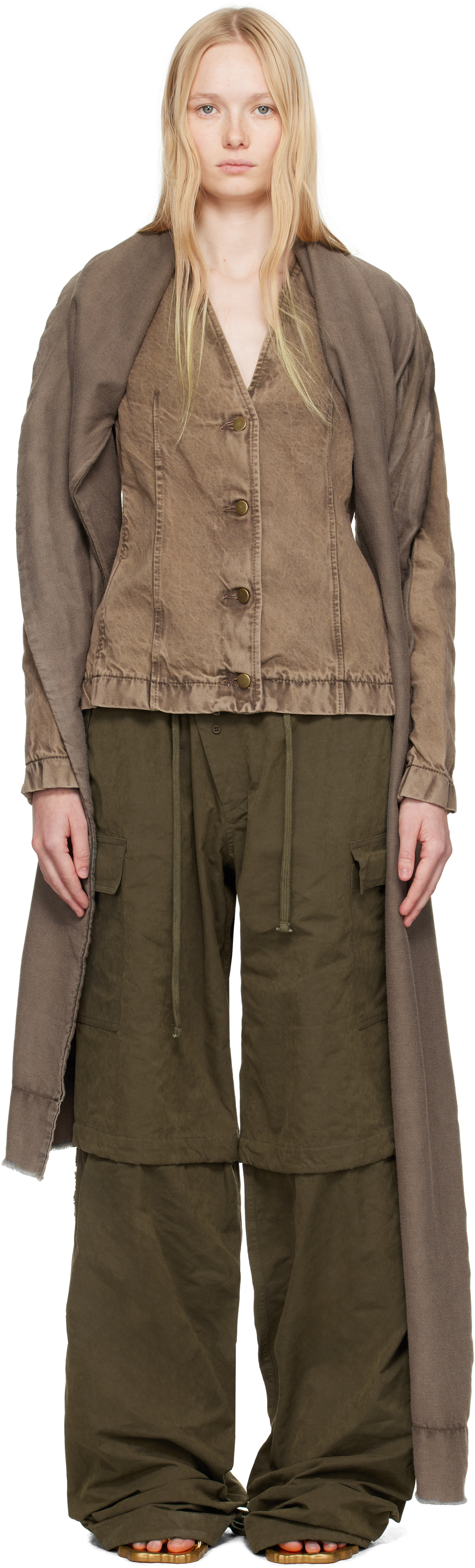 Shop Masha Popova Ssense Exclusive Brown Asymmetric Scarf Denim Jacket