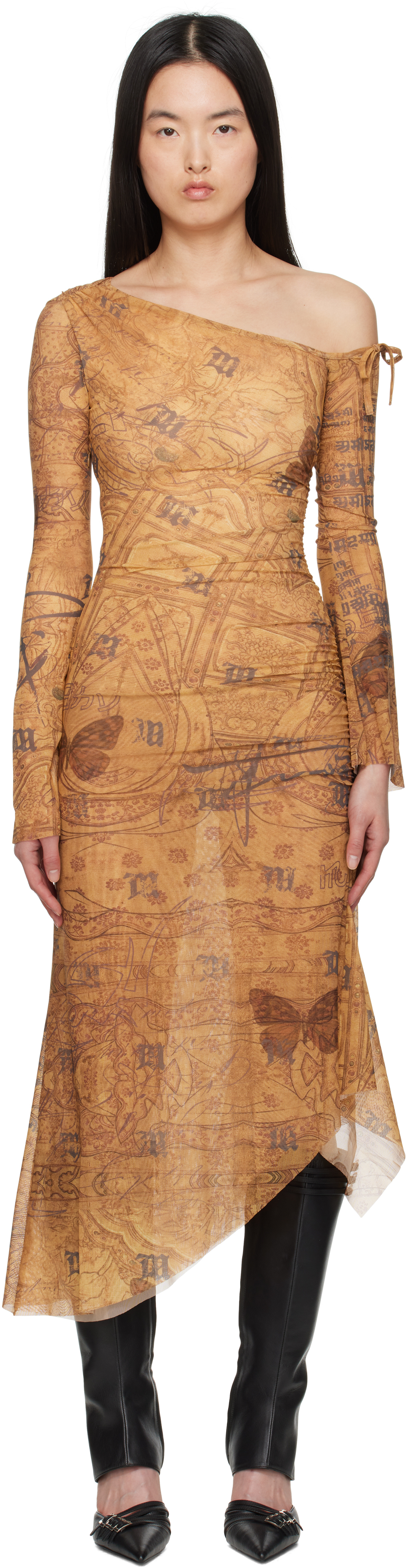 Misbhv Brown Goa Mesh Dropped Shoulder Midi Dress In Brown