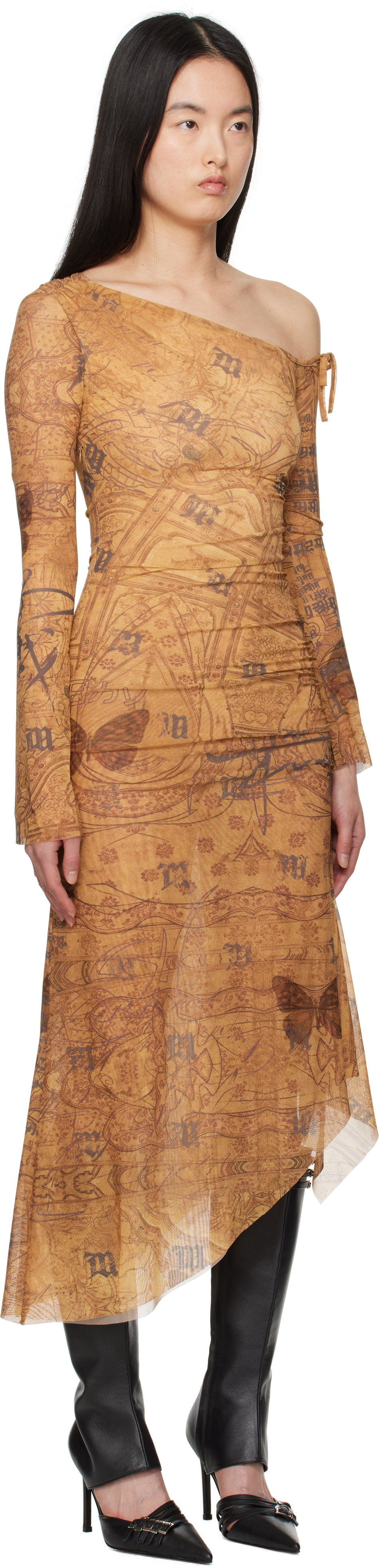 Misbhv Brown Goa Mesh Dropped Shoulder Midi Dress In Brown
