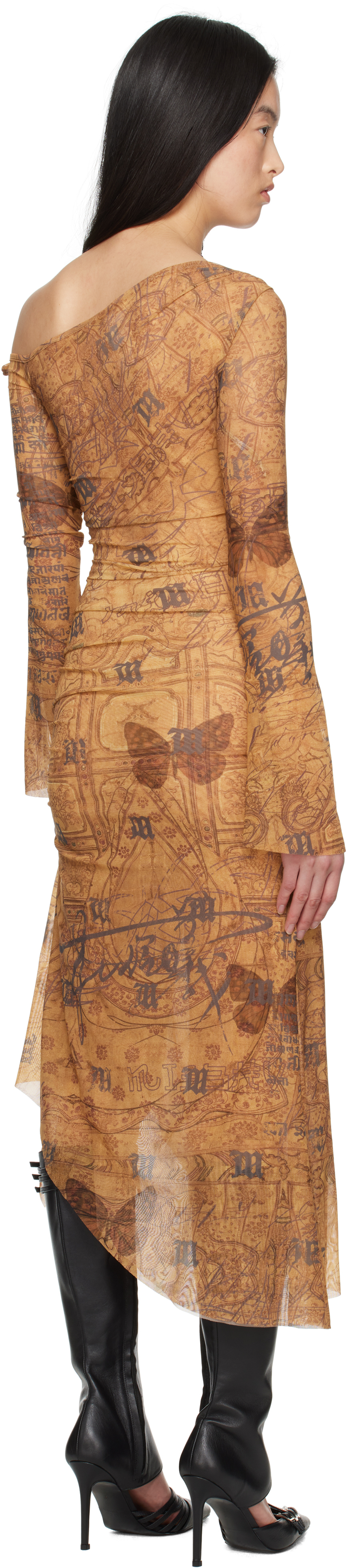 Misbhv Brown Goa Mesh Dropped Shoulder Midi Dress In Brown
