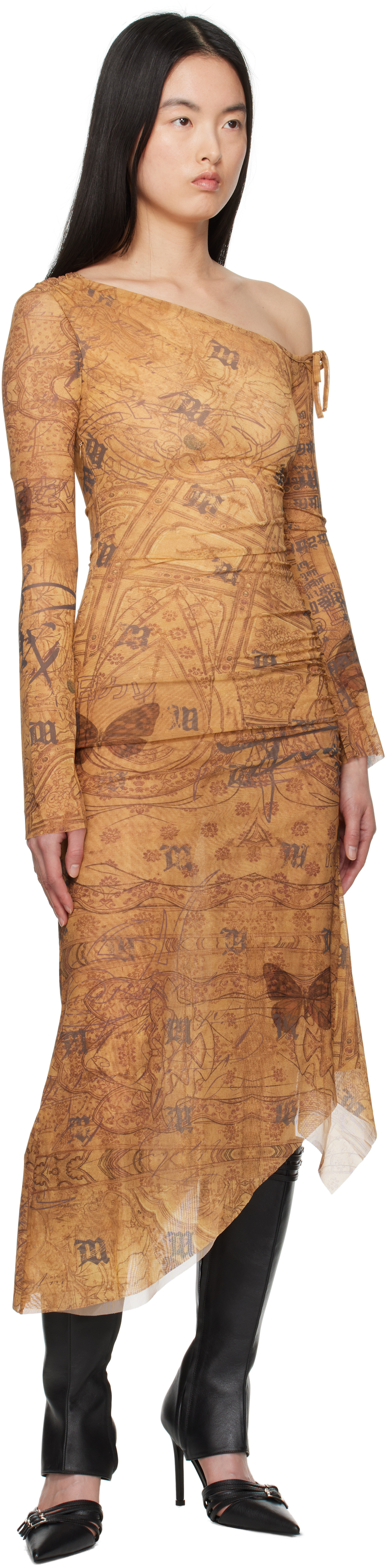 Misbhv Brown Goa Mesh Dropped Shoulder Midi Dress In Brown