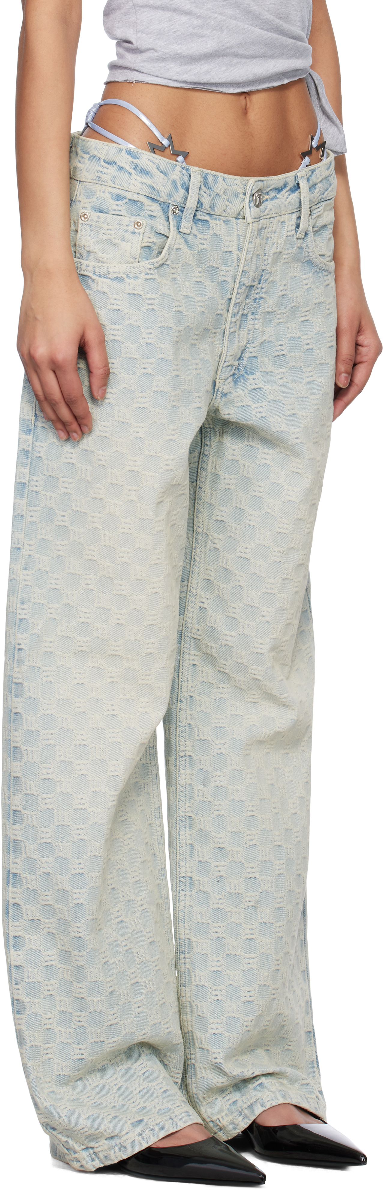 Misbhv Wide-leg Monogram Jeans With Faded Finish And Five Pockets In Blue