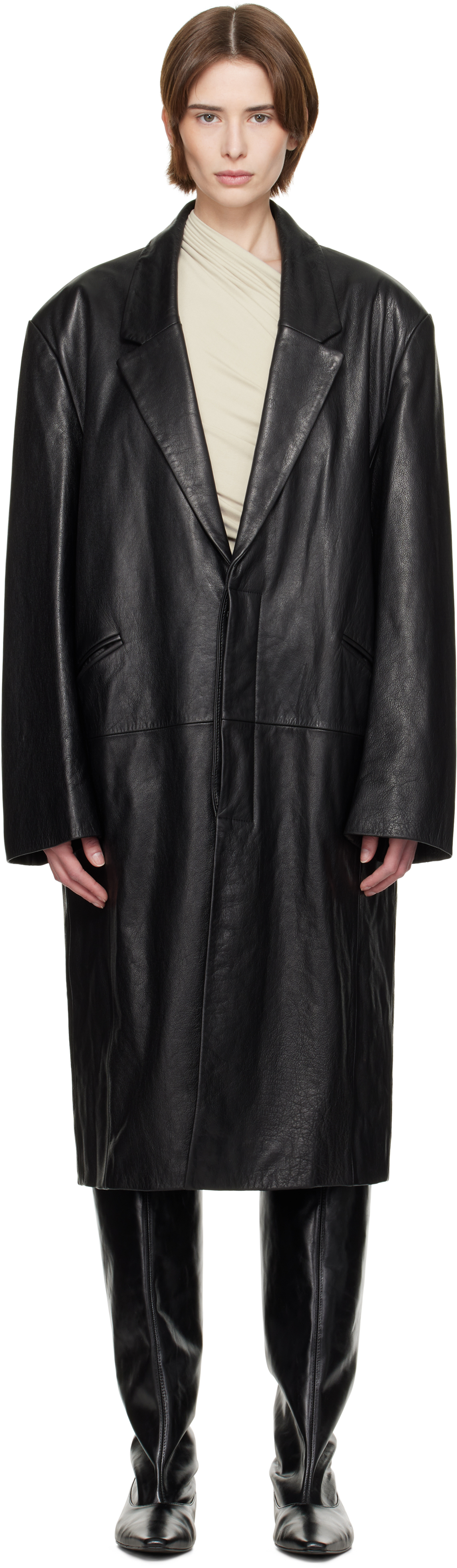 Black Single Breasted Leather Coat