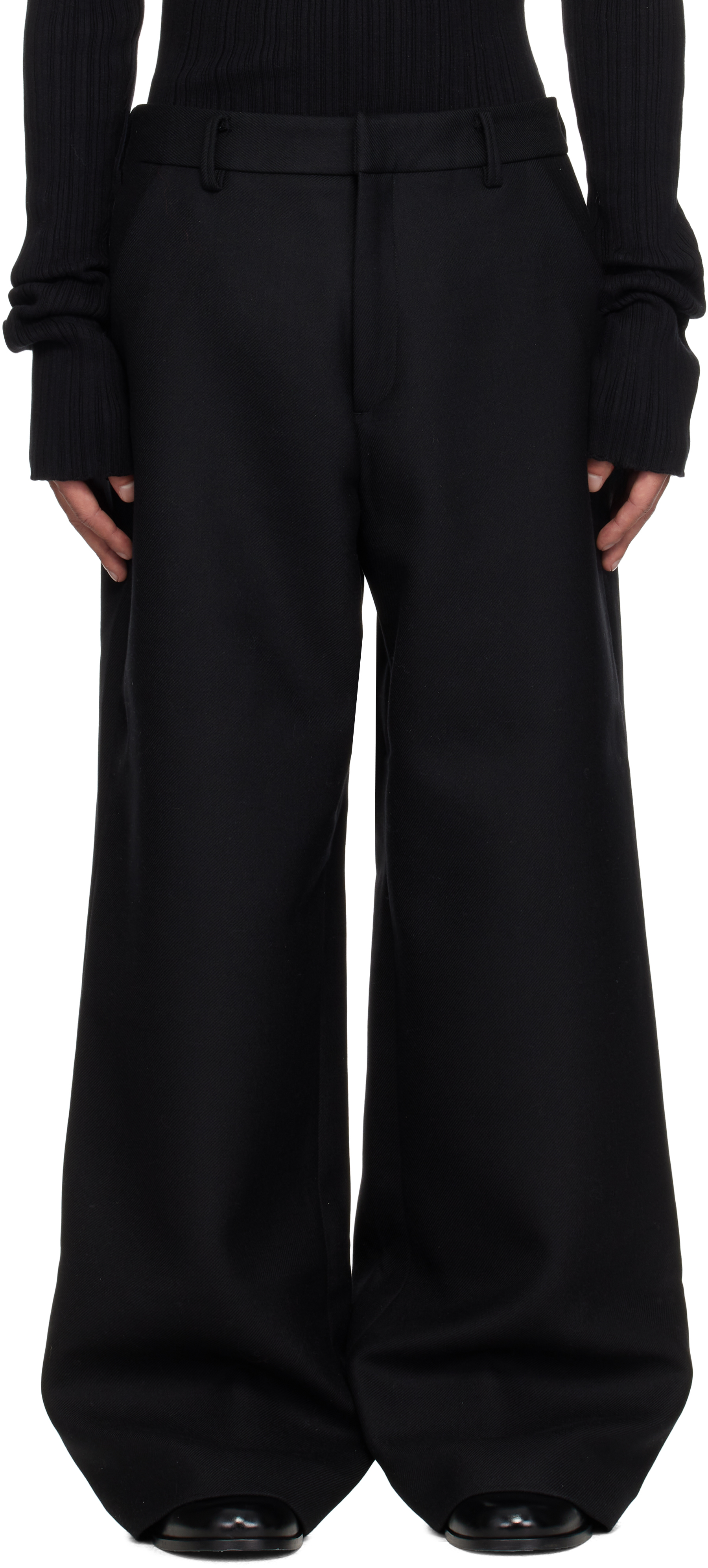 Entire Studios Black Wideleg Trousers In Blackwool