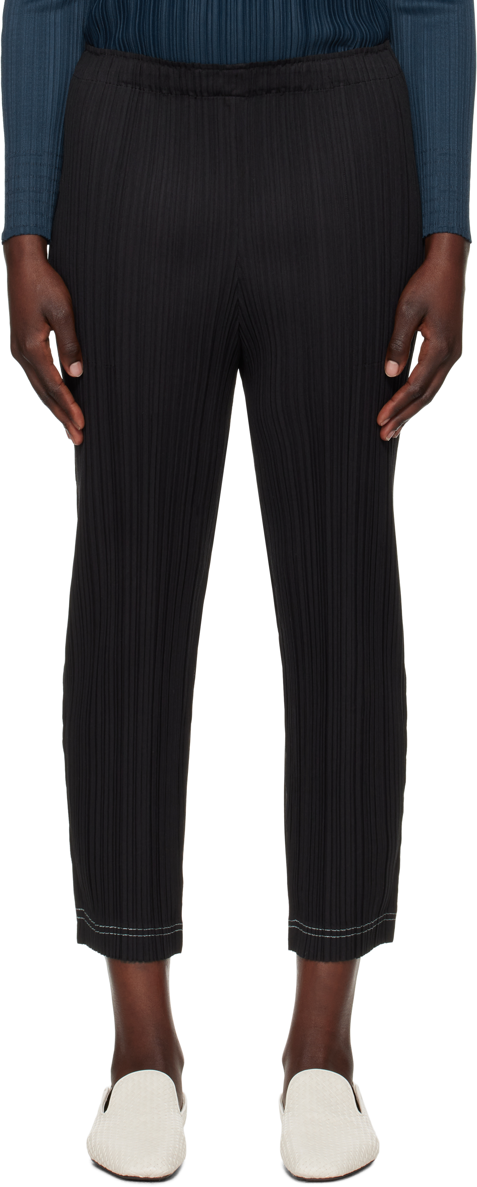 PLEATS PLEASE ISSEY MIYAKE: Black Ramie Trousers | SSENSE