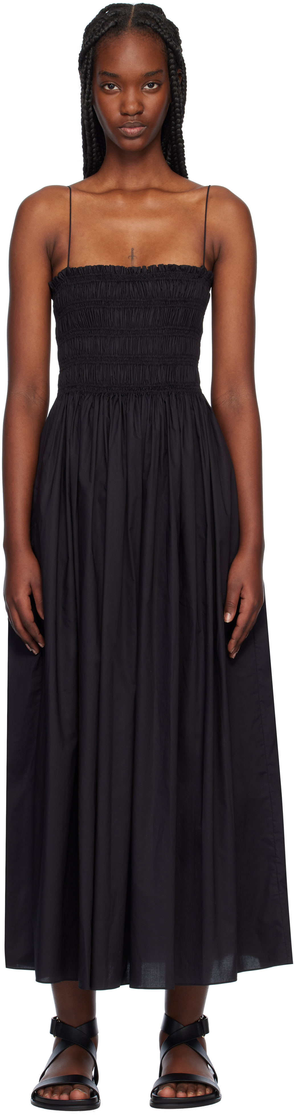 Black Shirred Bodice Midi Dress