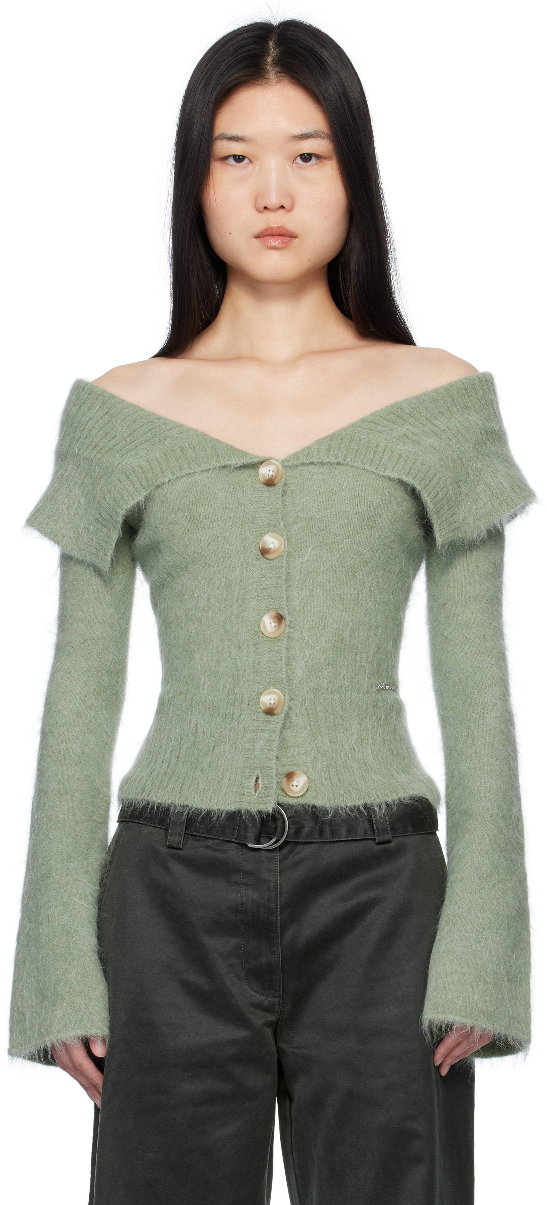 Holzweiler Green Off Shoulder Cardigan In 1302 Green