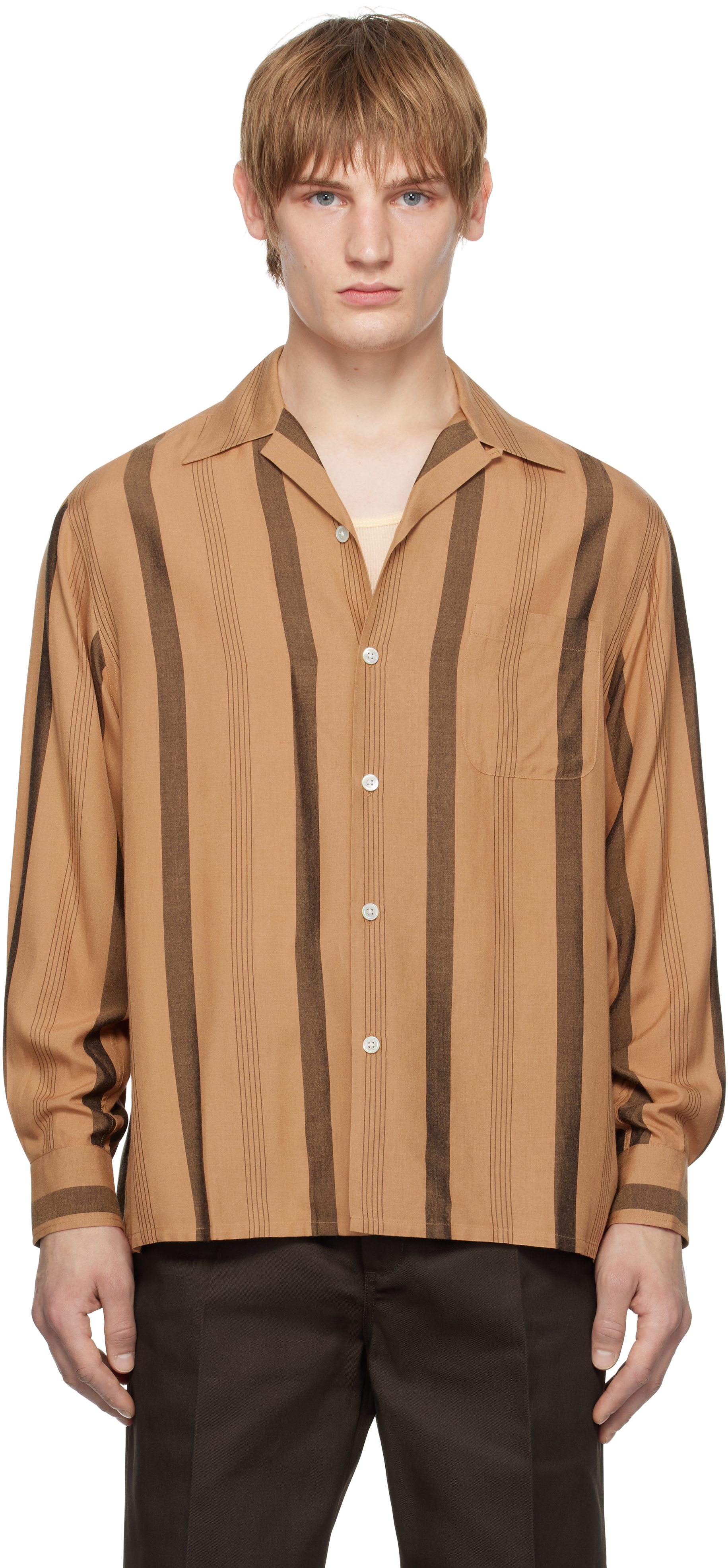 Wacko Maria Brown Striped Open Collar Shirt