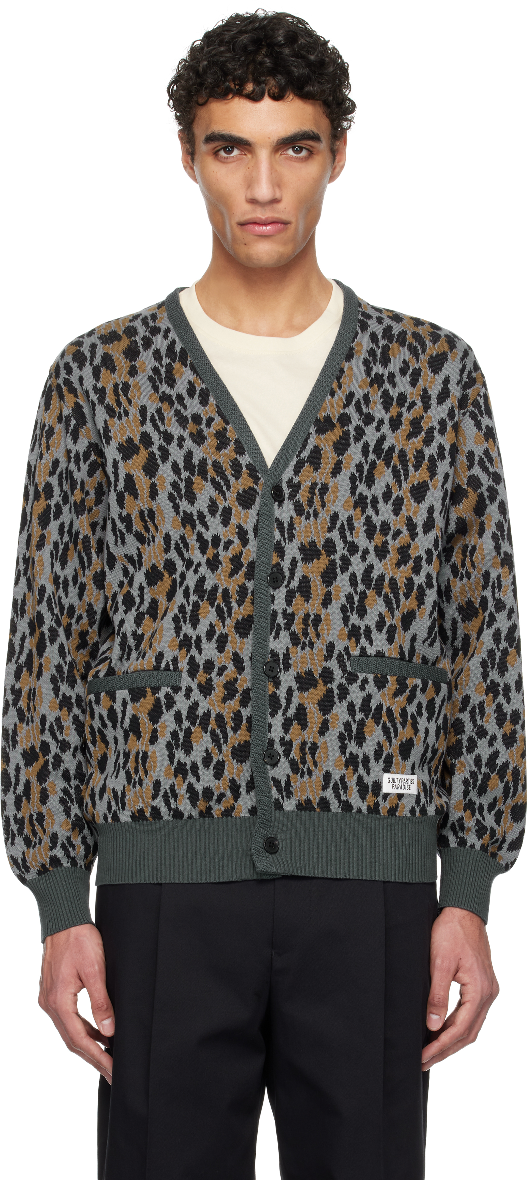 Gray Leopard Jacquard Knit Cardigan