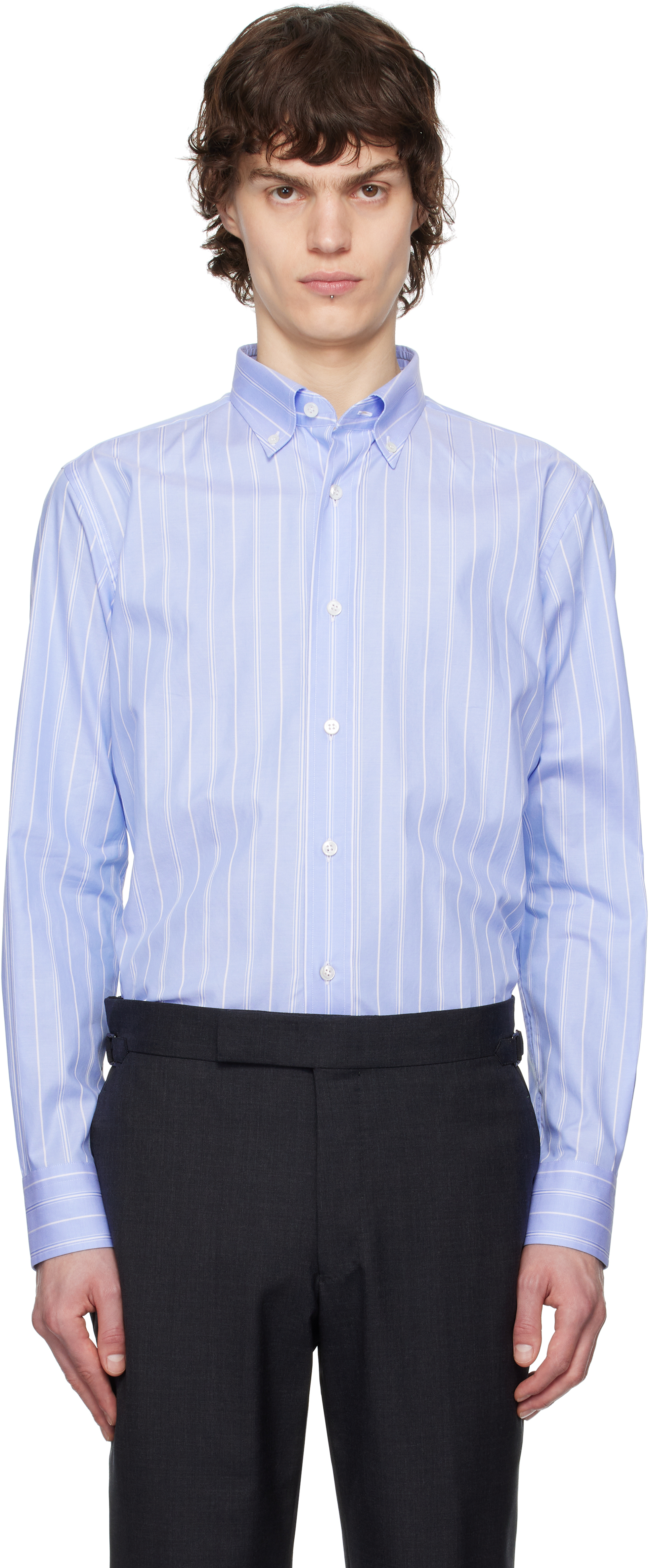 Blue 
White Cotton Textured Stripe Shirt