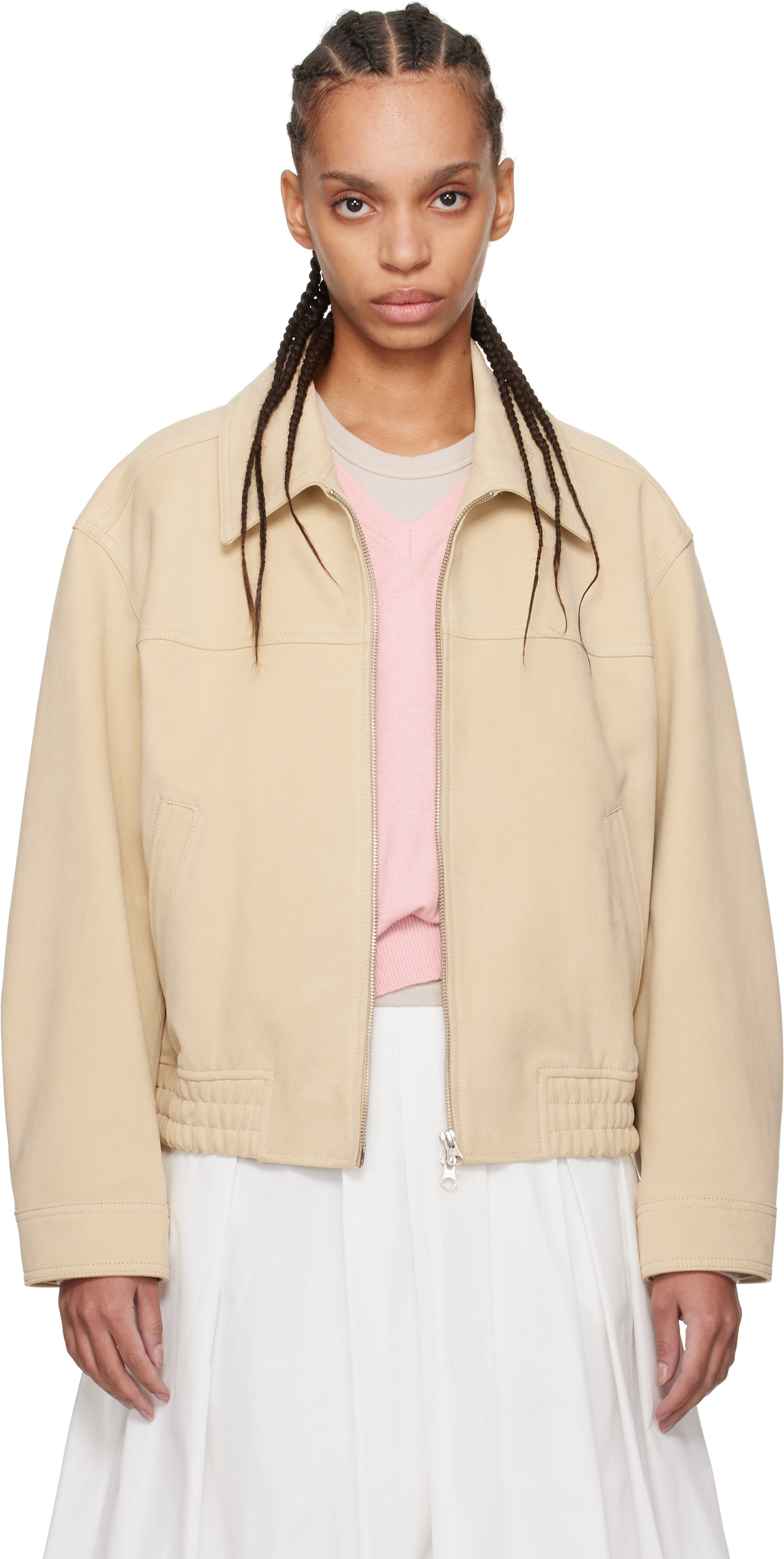 Beige Collared Faux-Suede Jacket