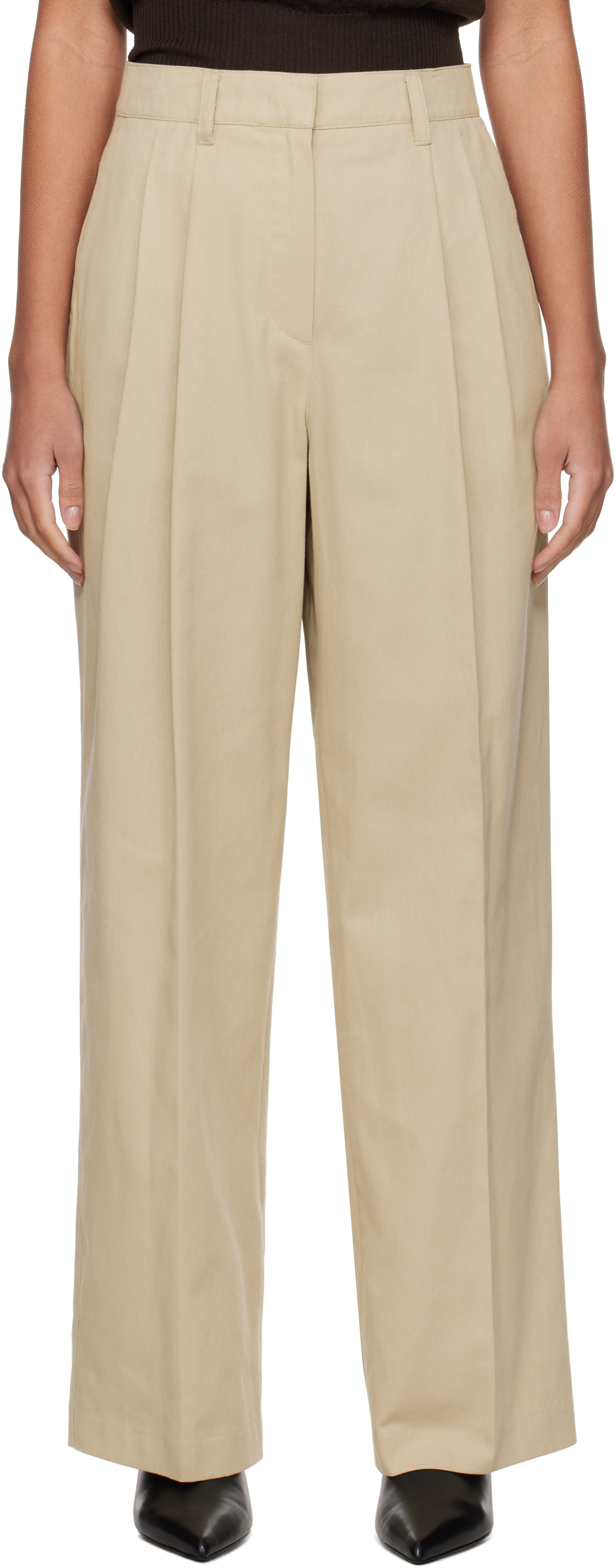 Beige Double-Pleated Chino Trousers