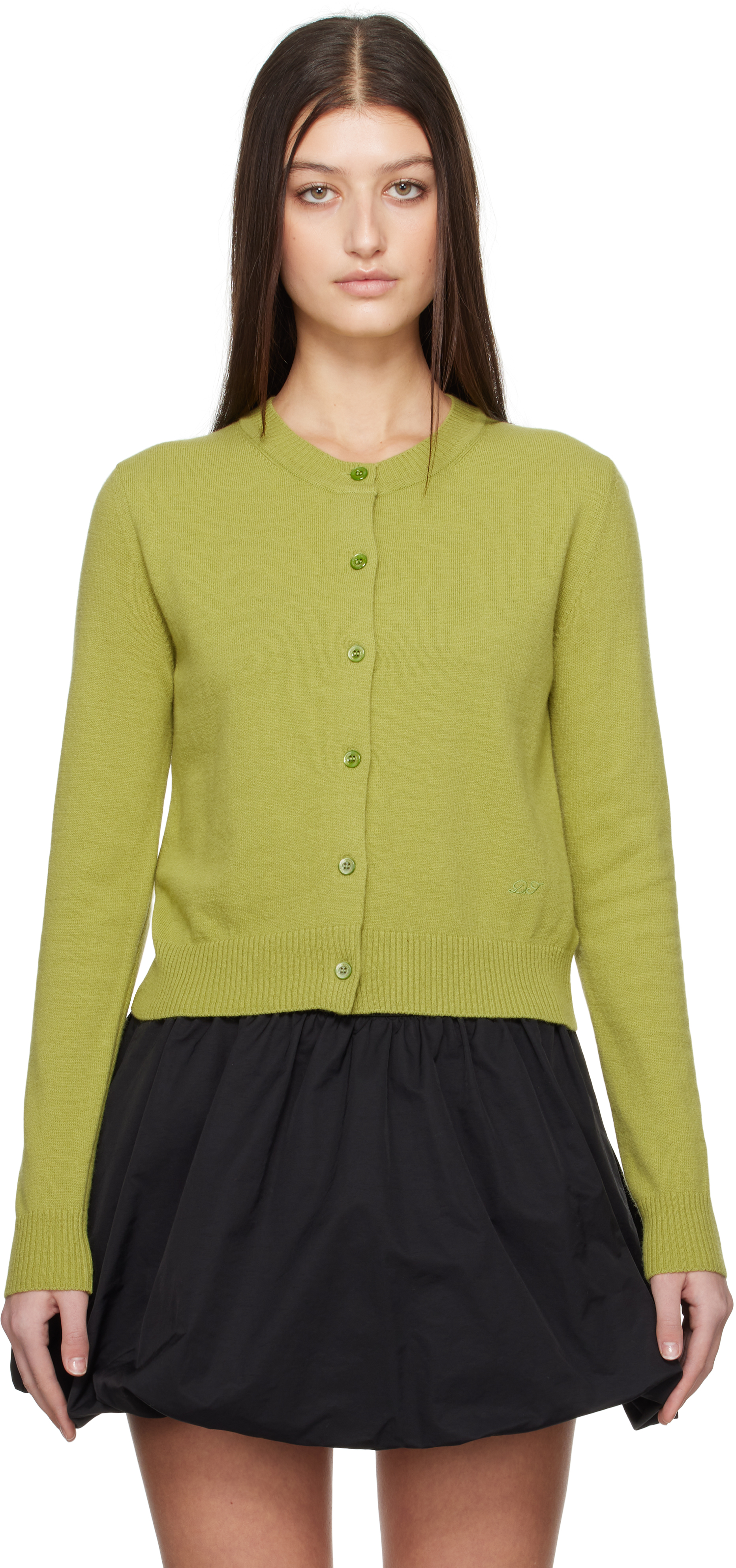 Green Essential Crewneck Knit Cardigan