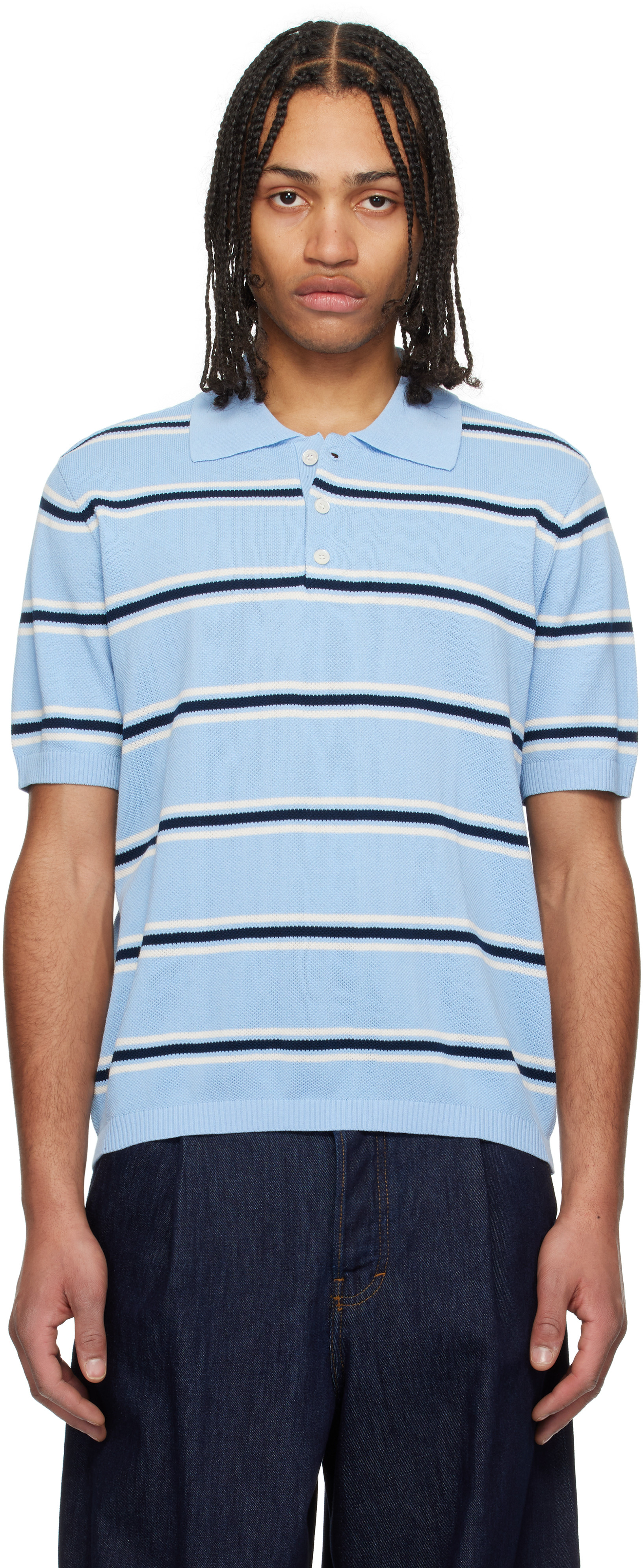 Blue Striped Knit Polo by Dunst on Sale