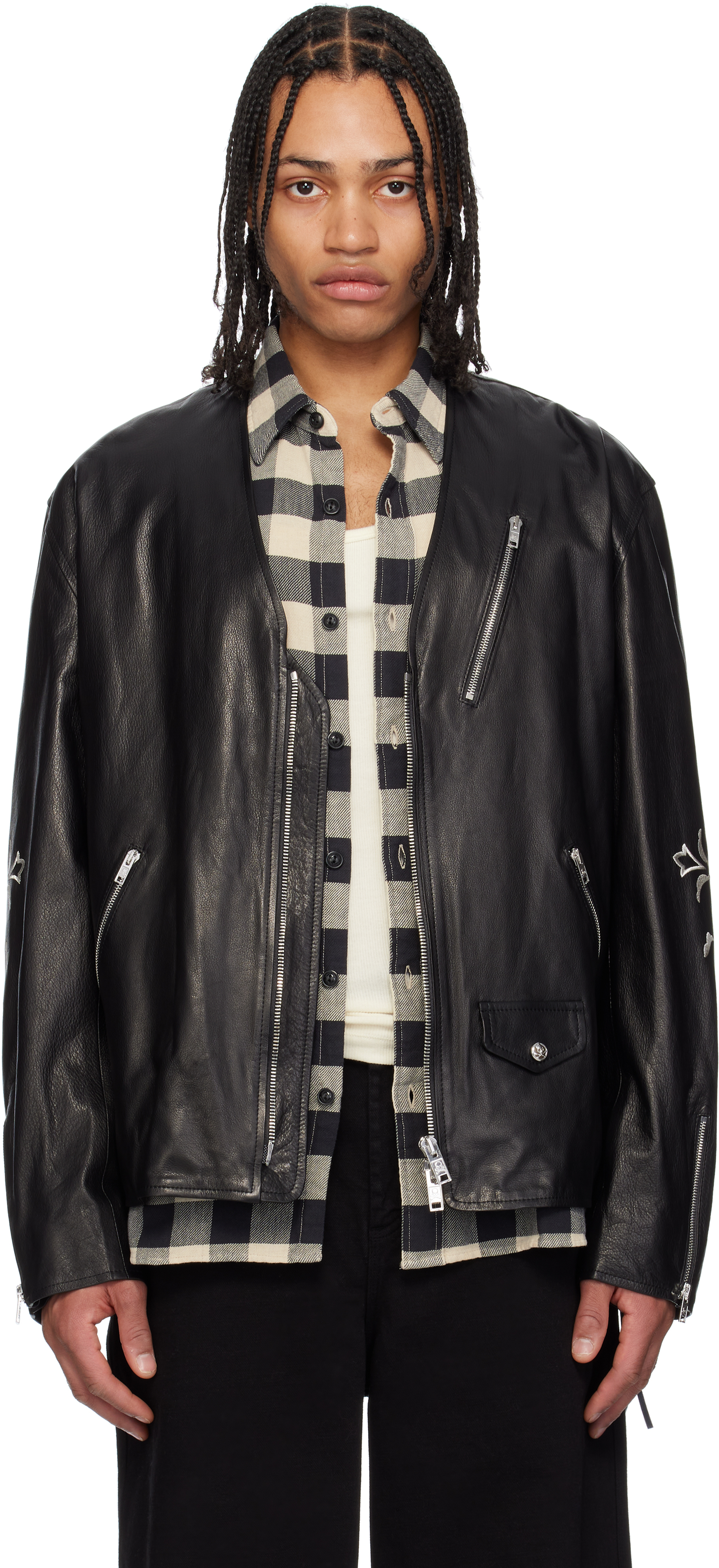 ジャケット Collarless Leather Jacket 90001ja-miller-150-light-grey-