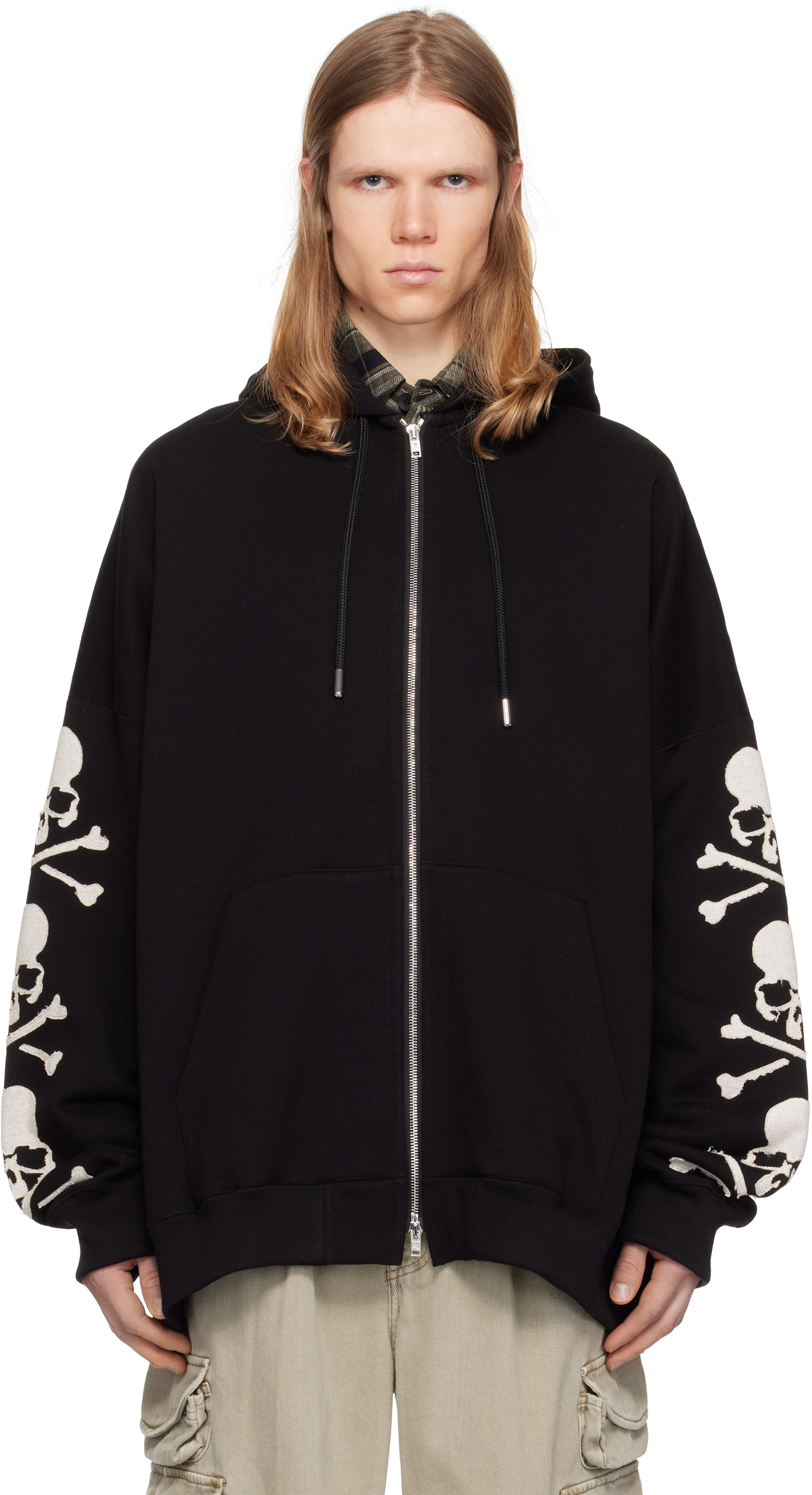 Black Oversized Patch Zip-Up Hoodie