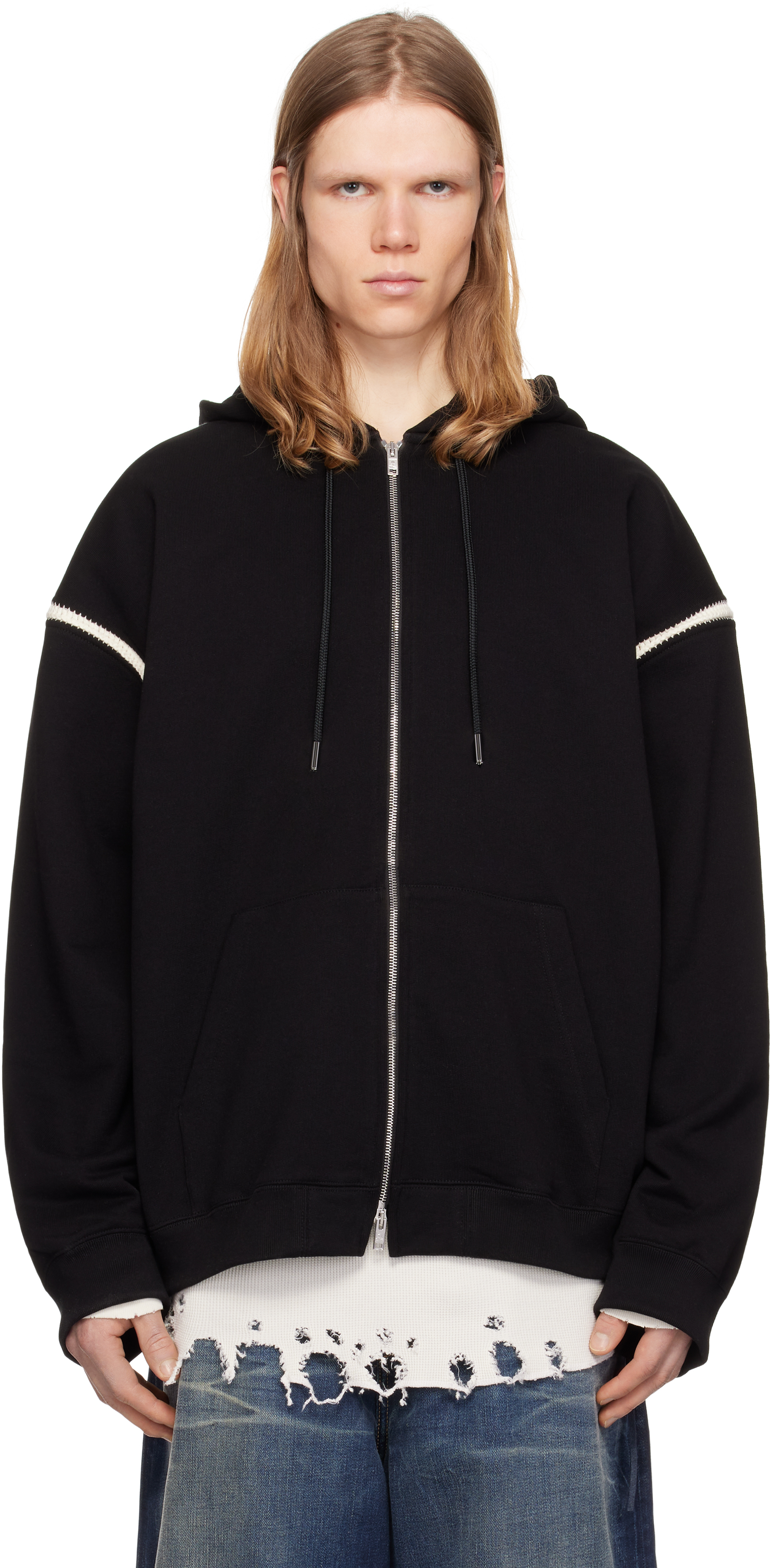 Black Boxy Fit Cross Stitch Zip Up Hoodie