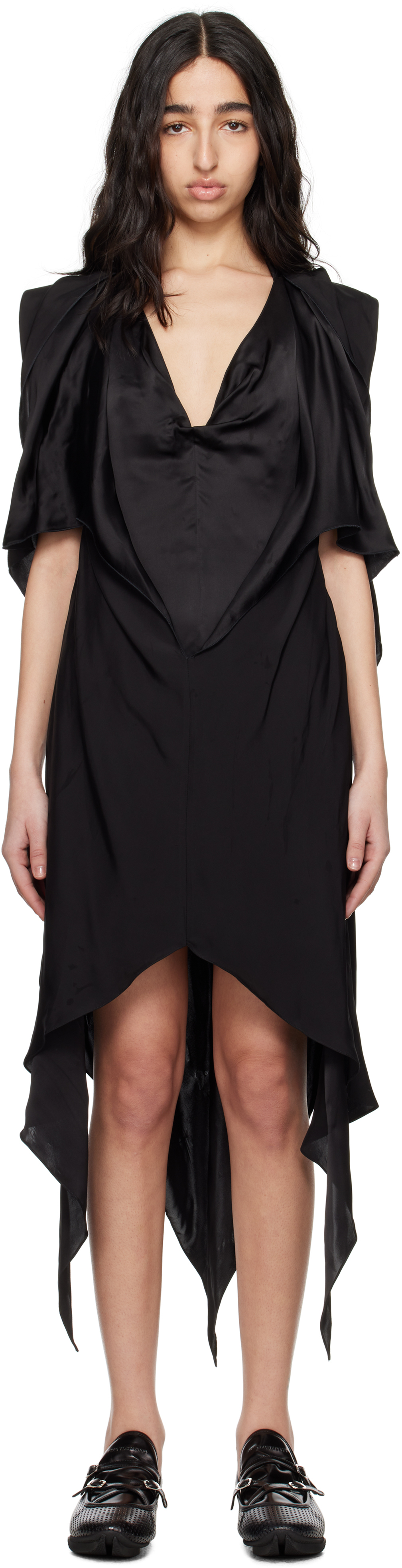 Kiko Kostadinov Black Fornax Draped Midi Dress In Glossy Black