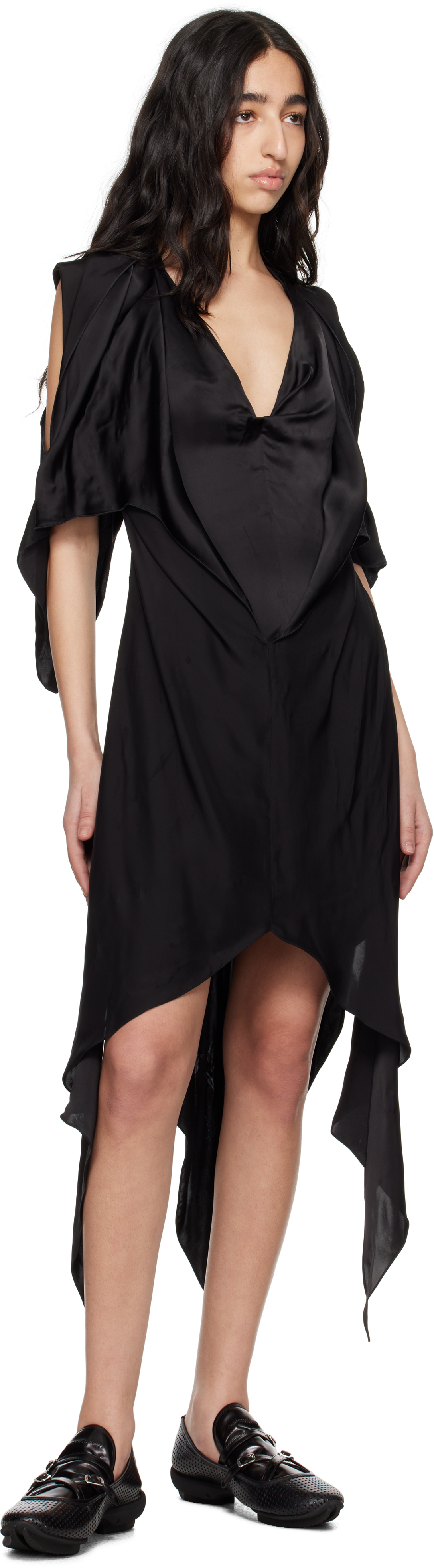 Kiko Kostadinov Black Fornax Draped Midi Dress In Glossy Black