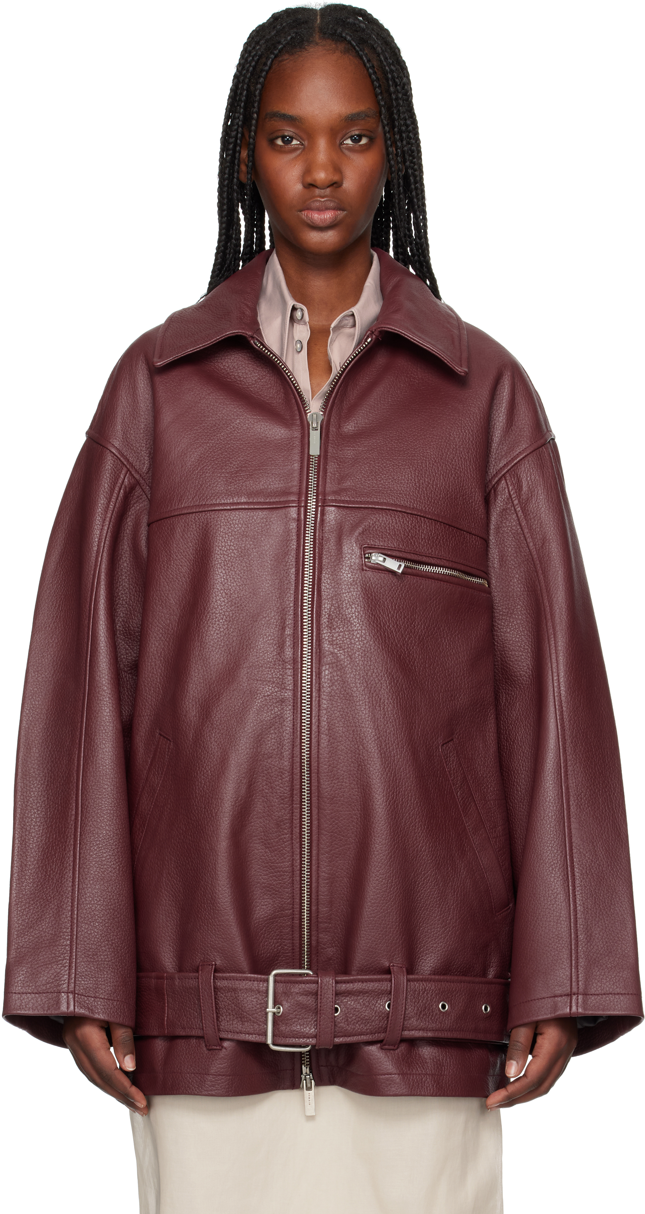 Burgundy Oversize Leather Jacket by REMAIN Birger Burgundy Oversize Leather Jacket by REMAIN Birger