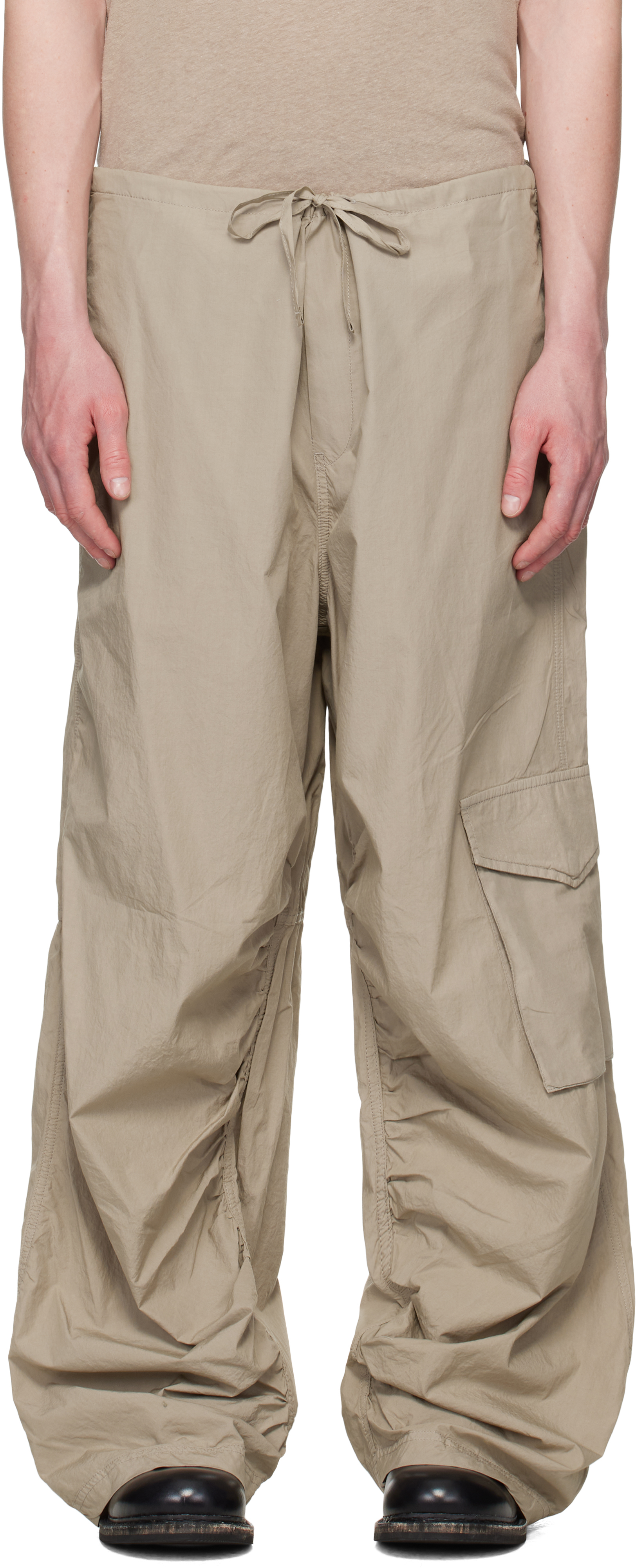 Beige Loose Drawstring Collapse Cargo Pants