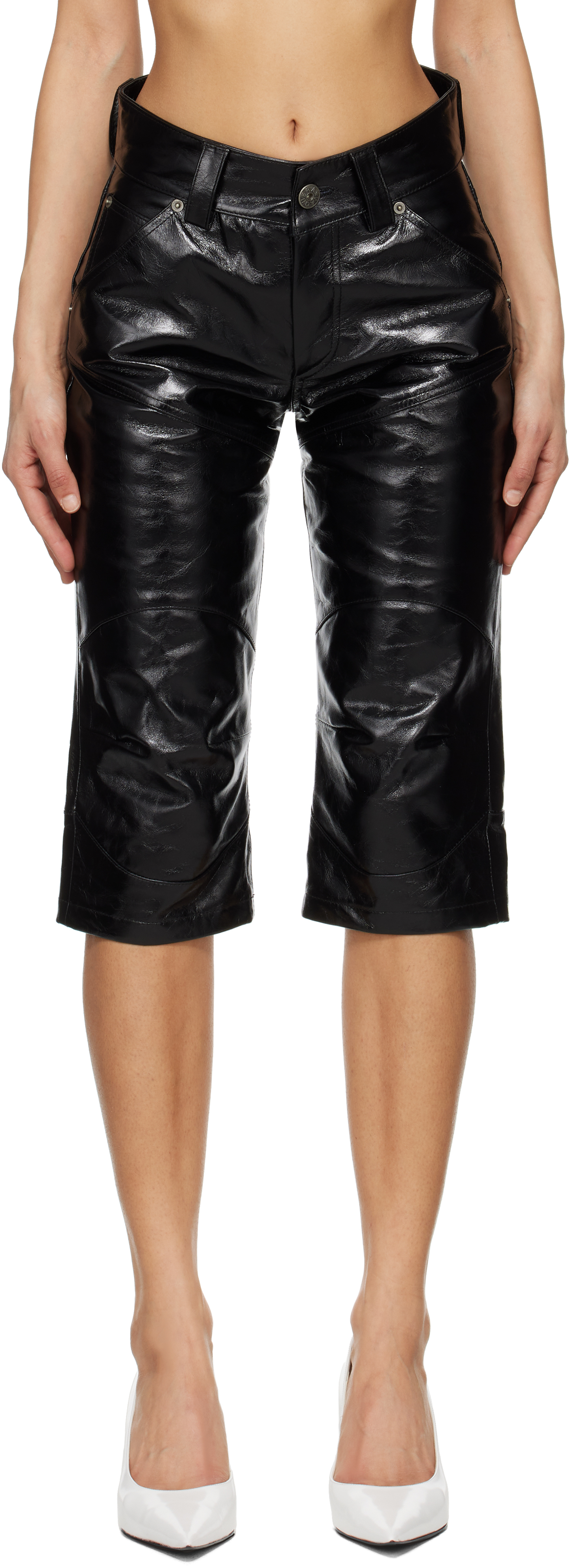 Black Knee Pad Leather Shorts